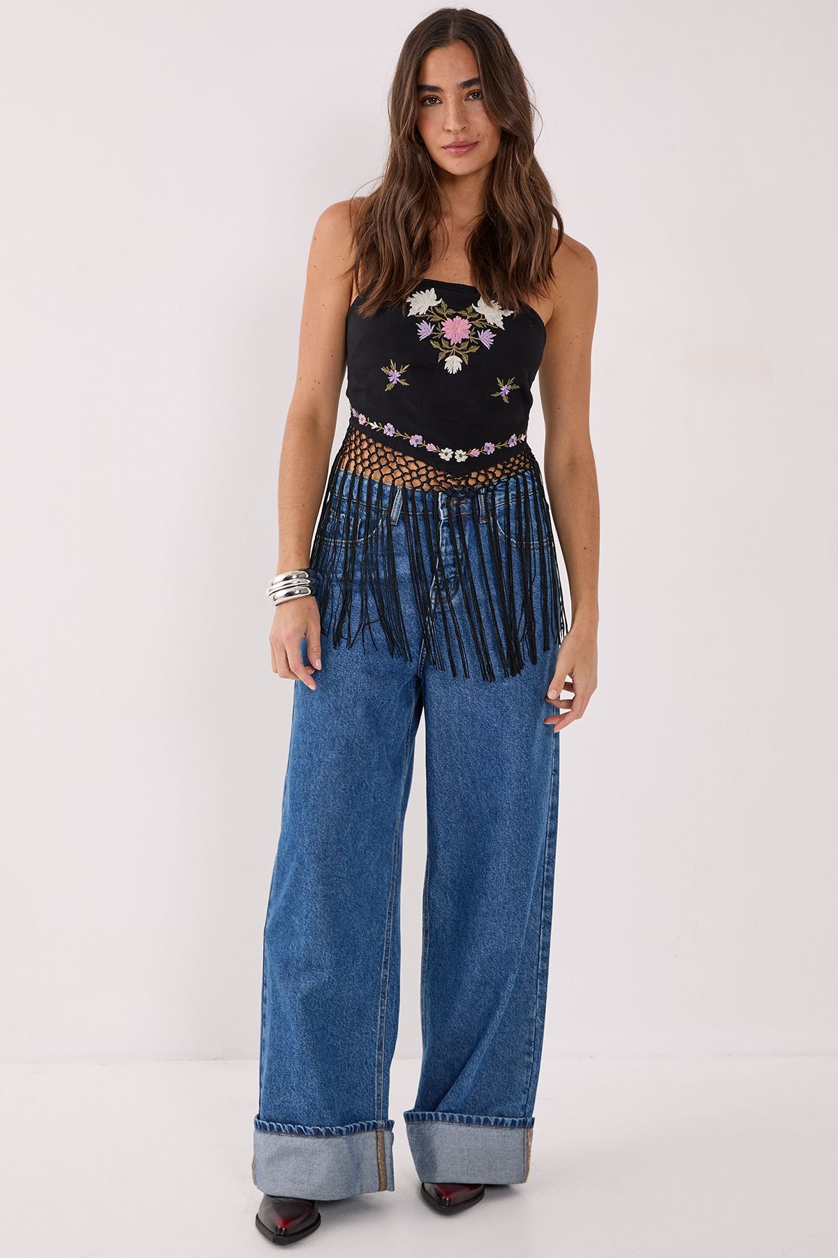 NastyGal Embroidered Bandeau Fringe Tie Back Top Black image 2