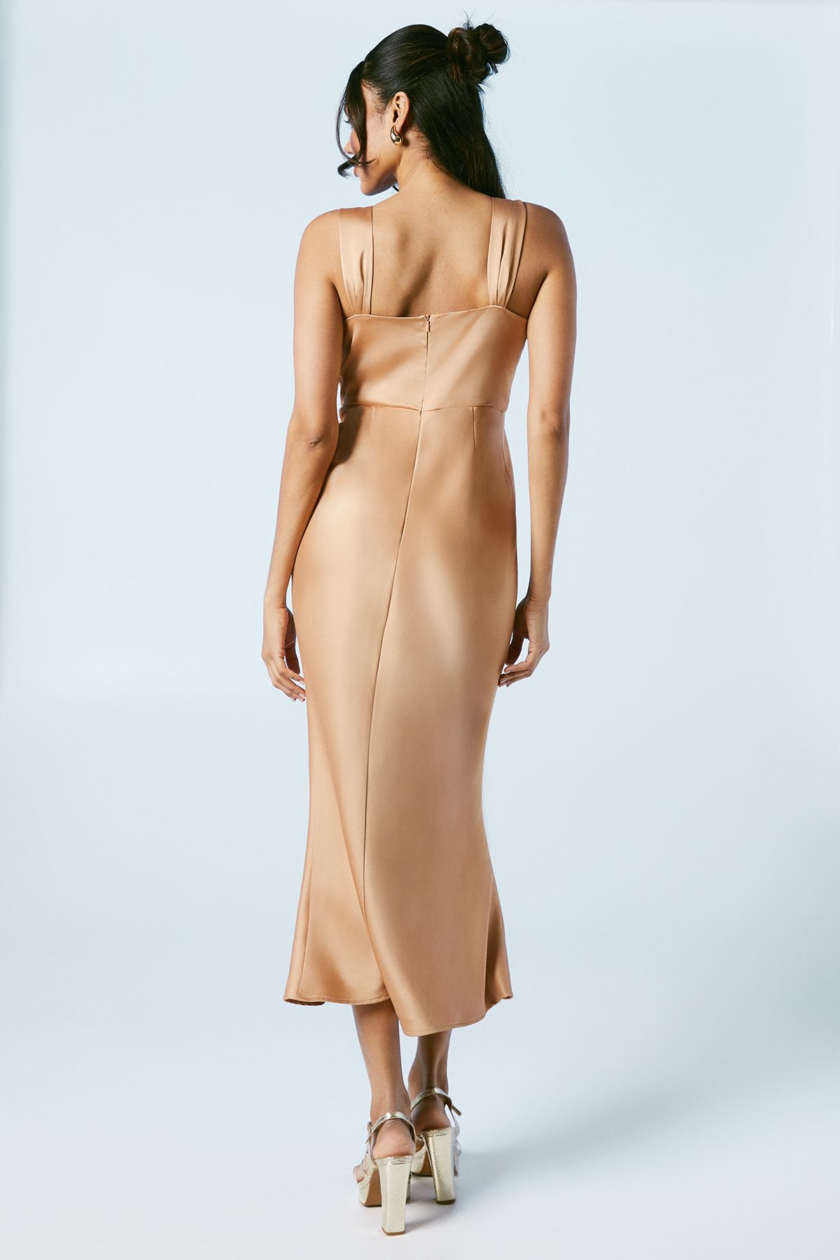 Oasis Bow Strap Detail Satin Midi Bridesmaid Dress Biscuit image 3