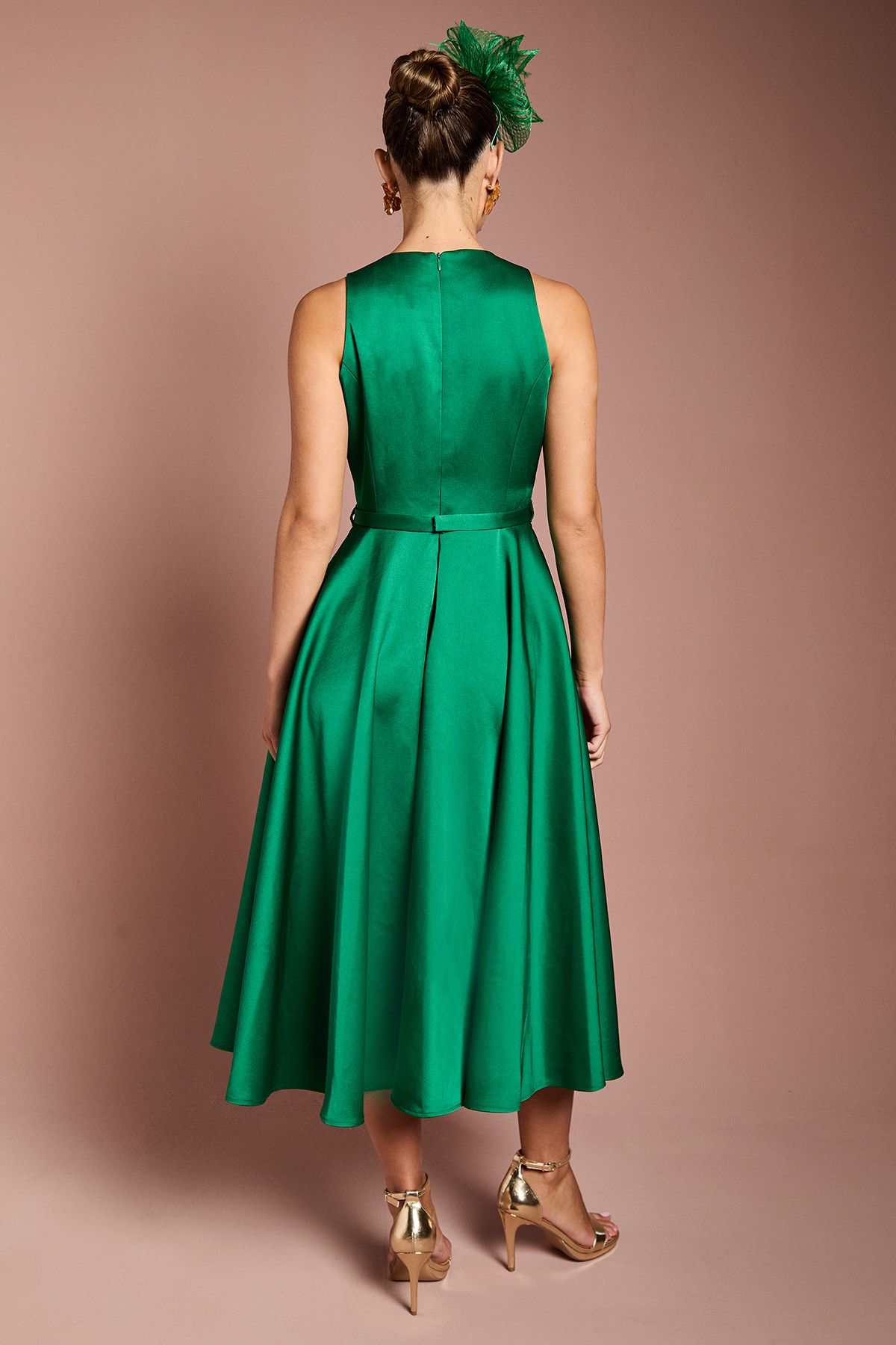 Coast Bow Trim V Neck Volume Skirt Midi Dress Emerald image 3