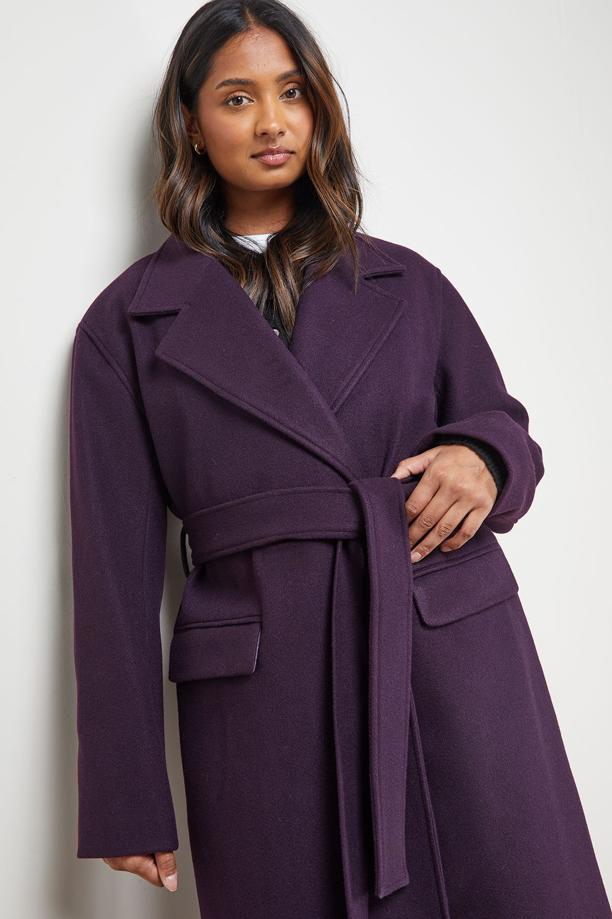 Oasis Tie Belt Detail Midi Coat Berry image 2
