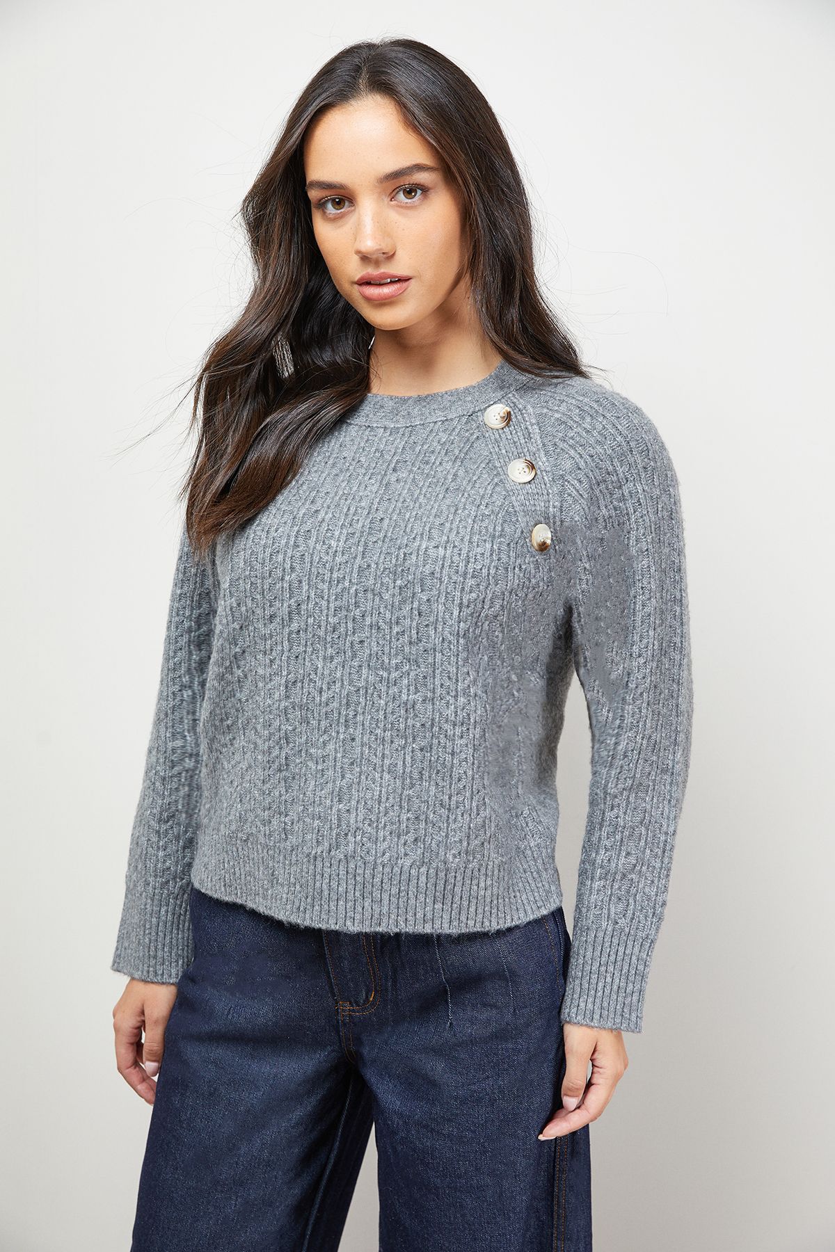 Oasis Stitchy Button Detail Crew Neck Jumper Grey Marl image 1