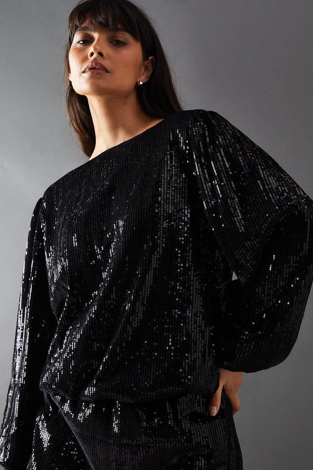 Warehouse Velvet Sequin Blouson Long Sleeve Mini Dress Black image 4