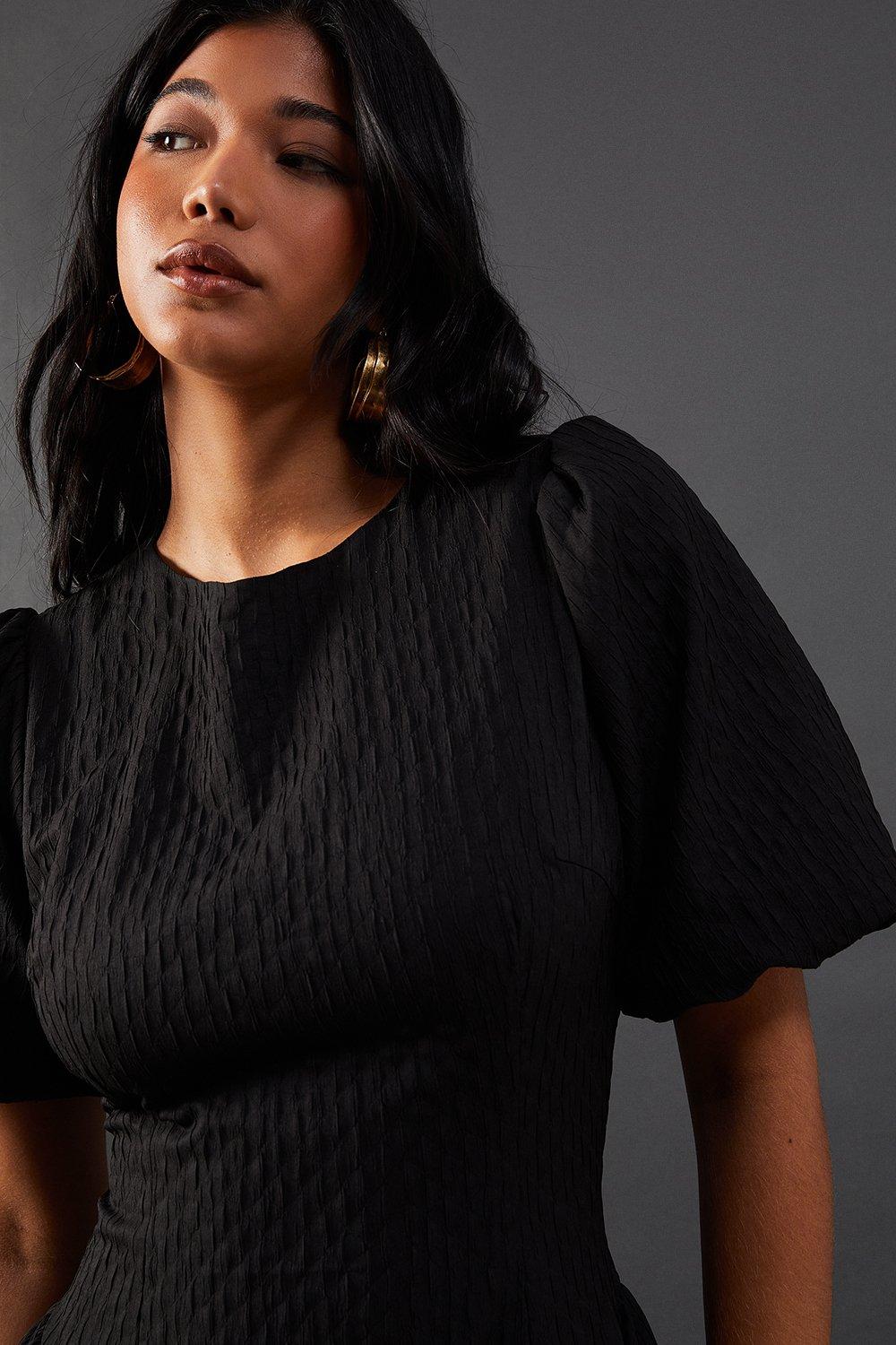 Warehouse Seersucker Organza Godet Side Puff Sleeve Midi Dress Black image 2