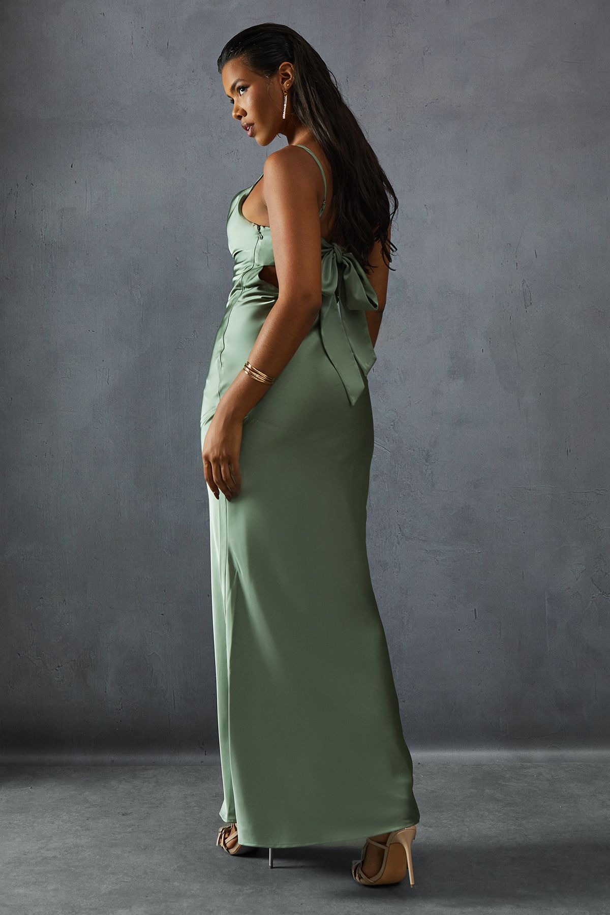 MissPap Premium Satin Bow Back Bias Cut Bridesmaid Dress Sage image 3