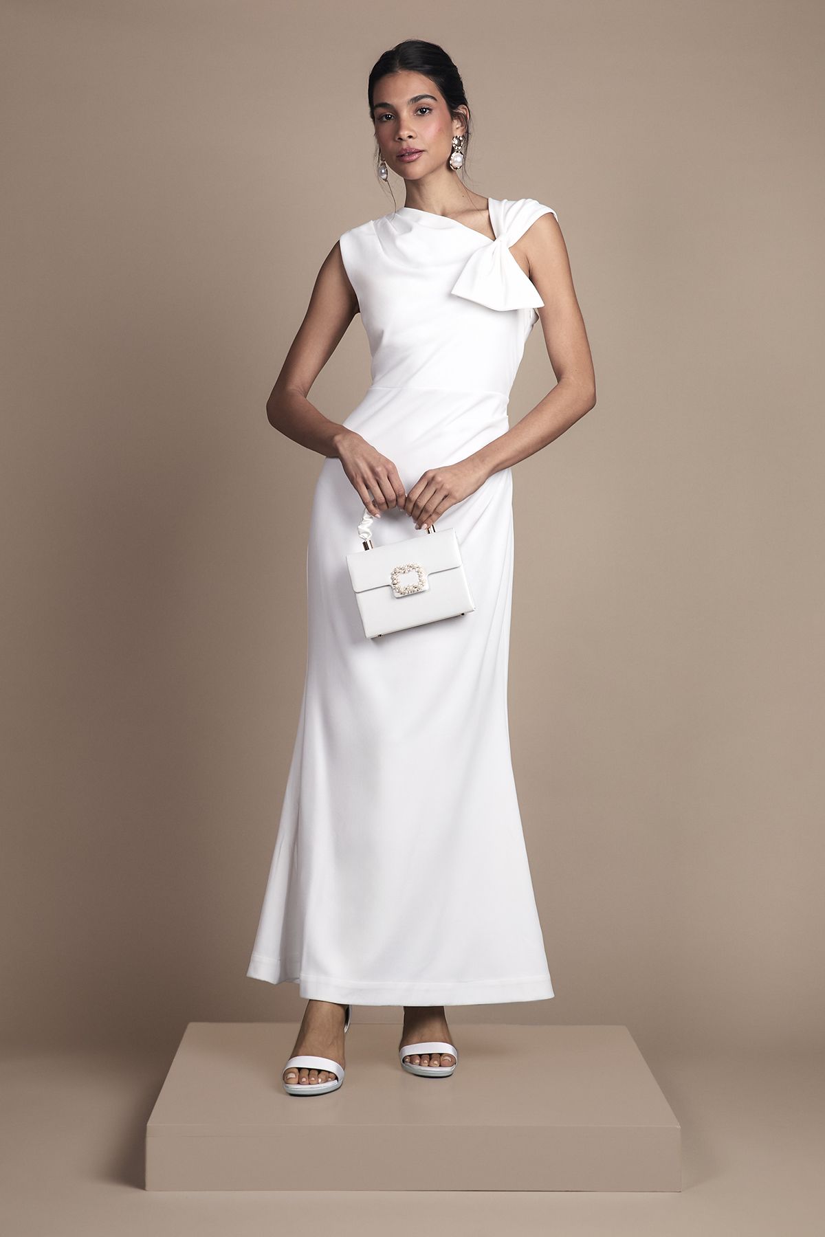 Coast Asymetric Neckline with Bow Detail Crepe Midi Wedding Dress Ivory image 4
