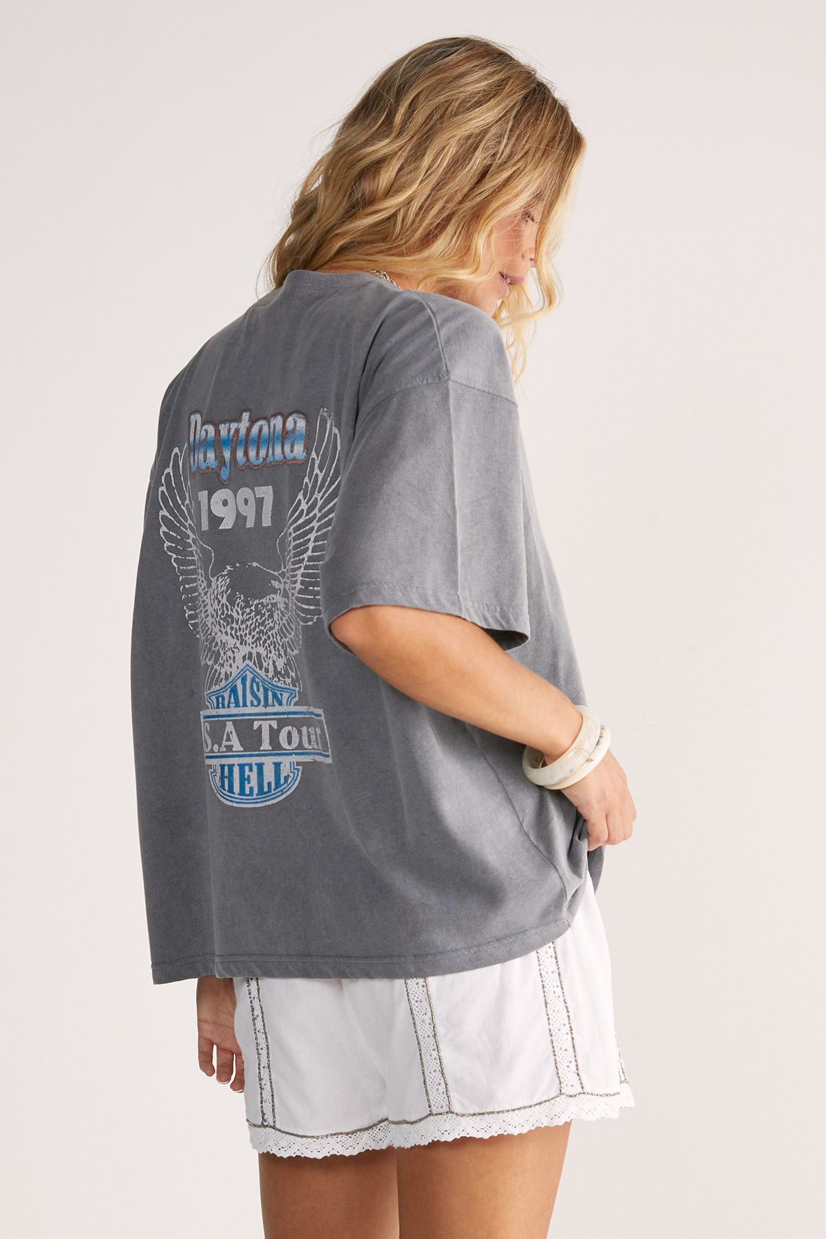 NastyGal Daytona 1997 USA Tour Acid Wash Oversized Graphic T-Shirt Charcoal image 4