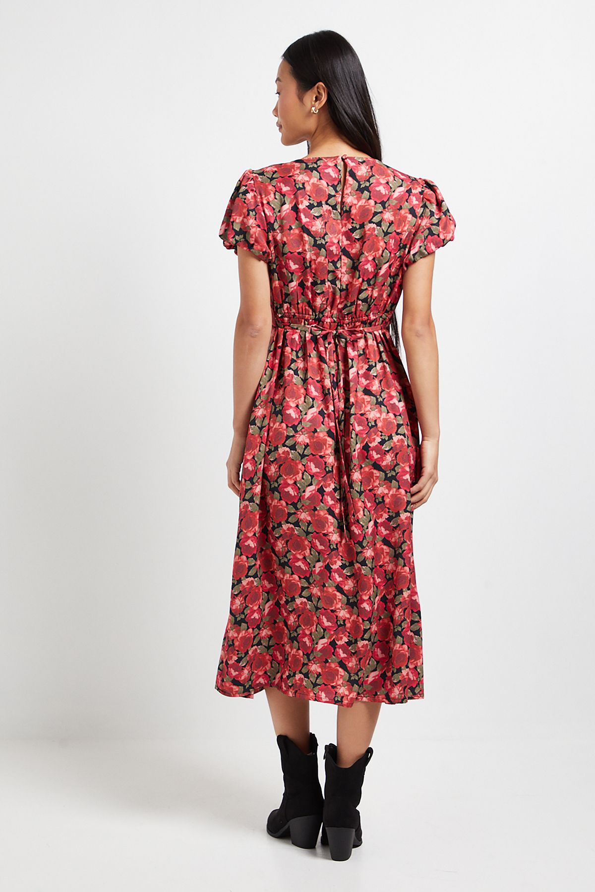 Dorothy Perkins Petite Red Floral Tie Back Detail Puff Sleeve Midi Dress Red image 3