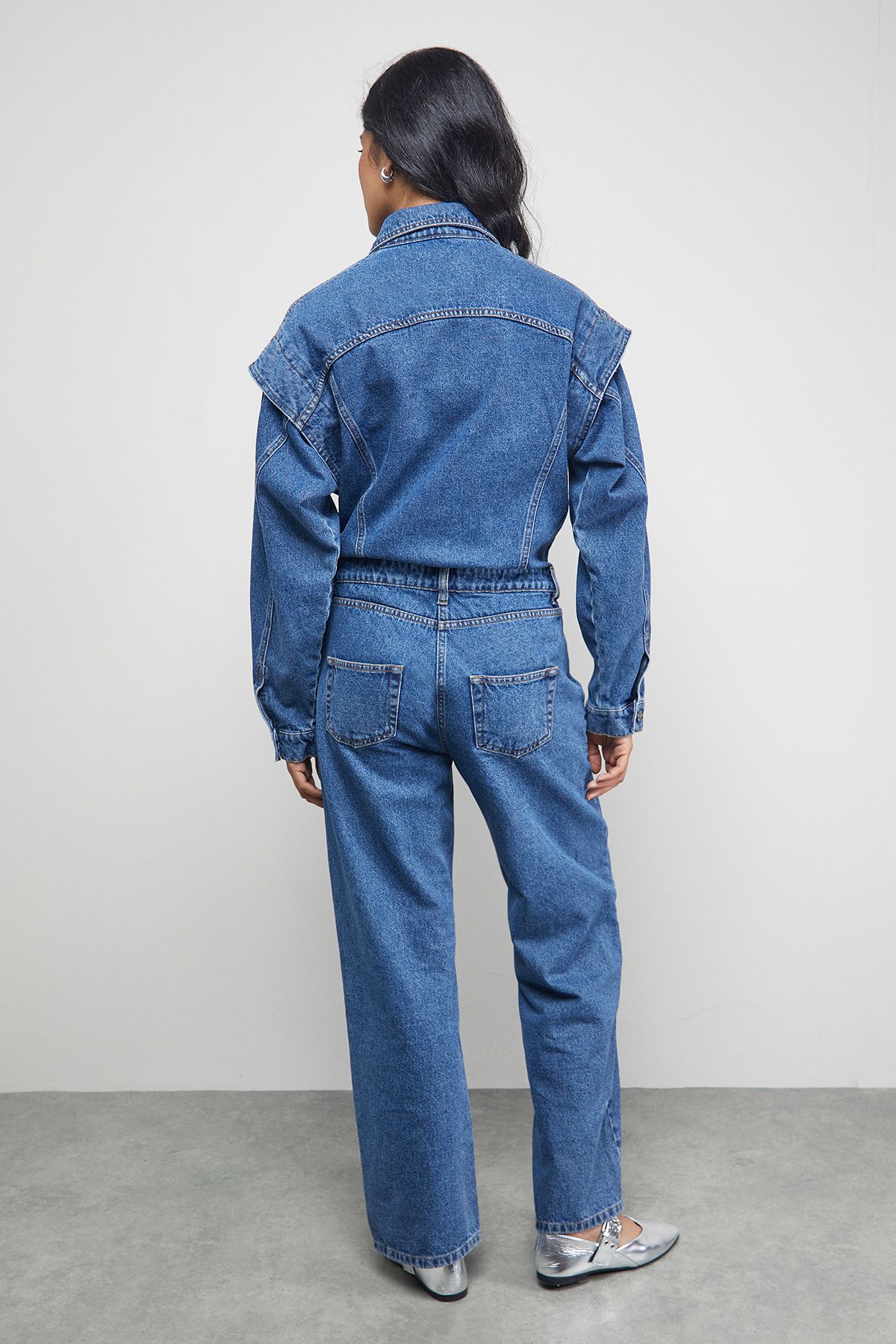 Warehouse Tony Denim Jumpsuit With Stepped Shoulder Detail Mid Blue image 4