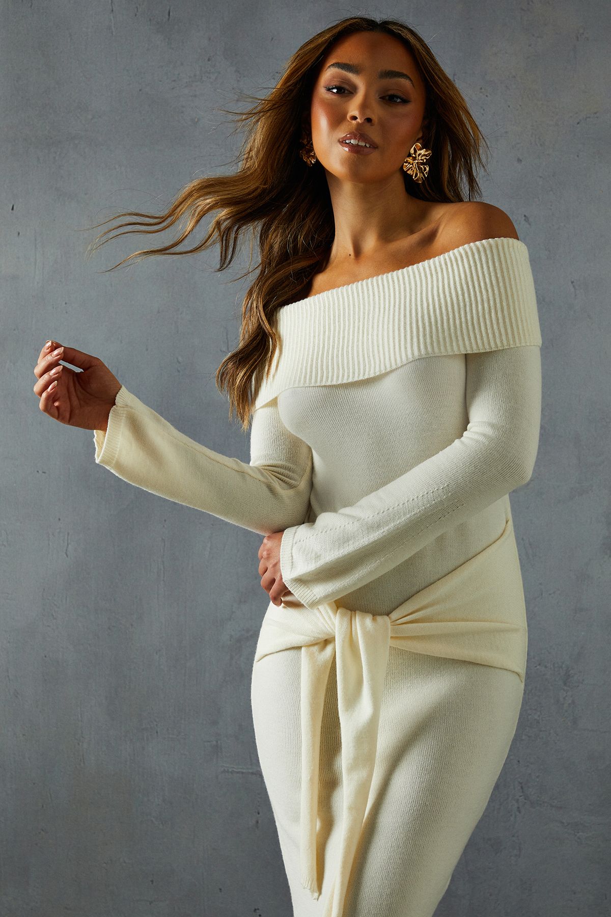 MissPap Knitted Bardot Wrap Front Midi Dress Ivory image 2