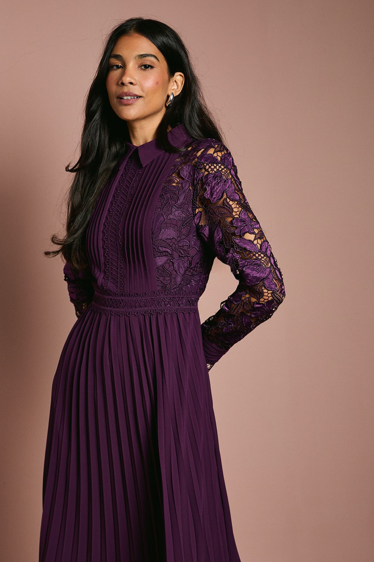 Coast Long Sleeve Lace and Pleated Midi Shirt Dress Plum image 4