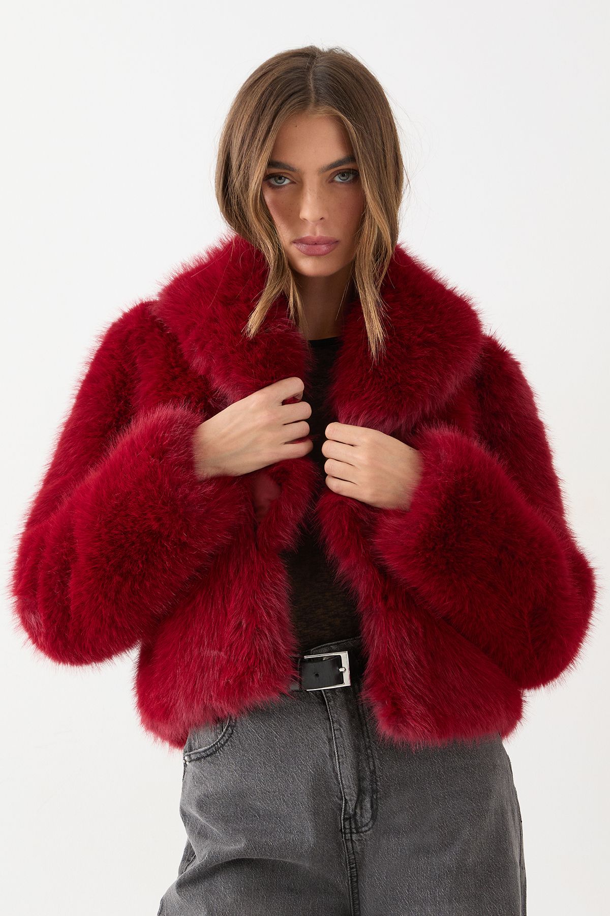 MissPap Faux Fur Cropped Collar Jacket Red image 4
