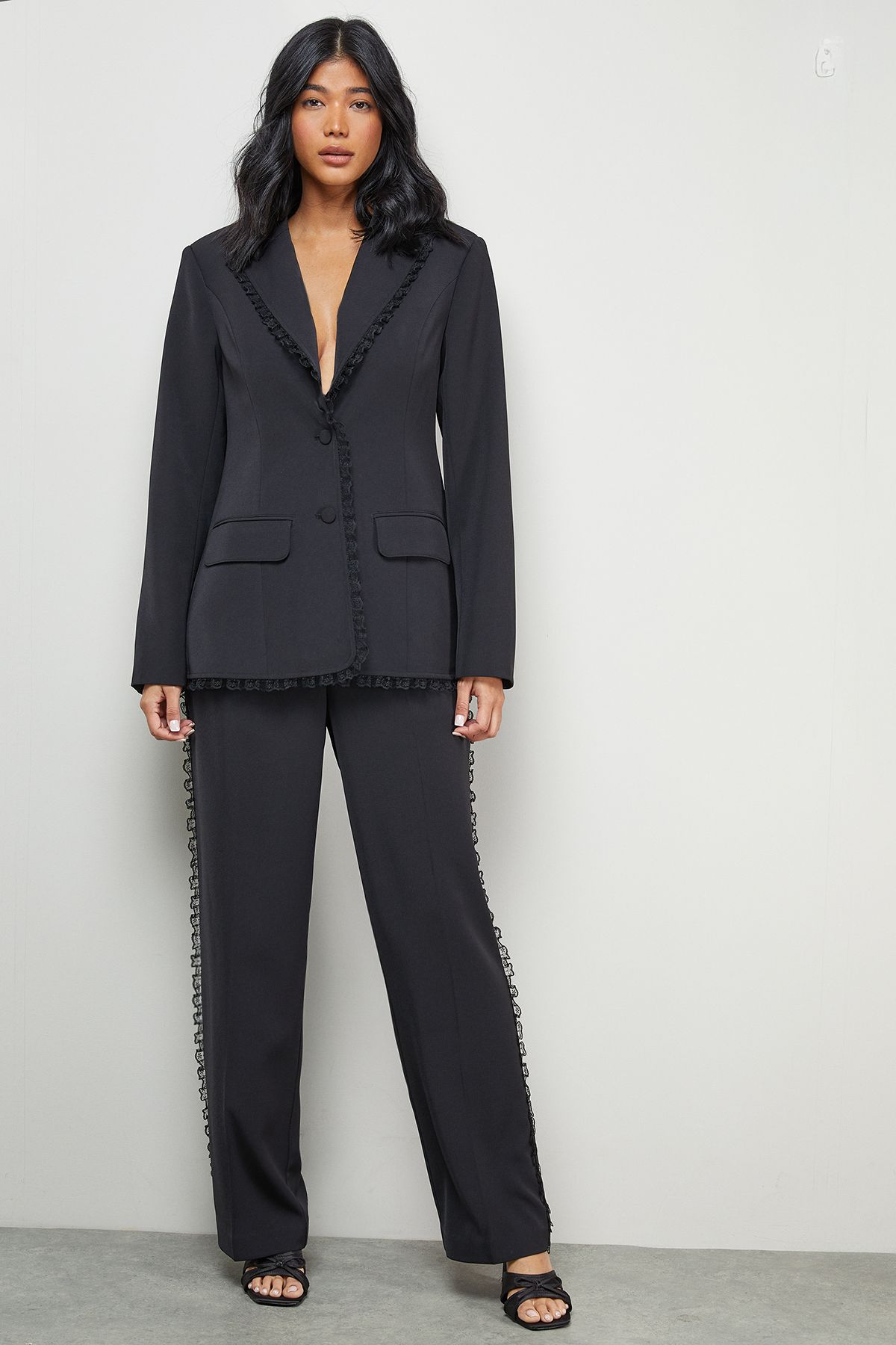 Warehouse Oversized Lace Frill Trim Single Breasted Blazer Black image 2
