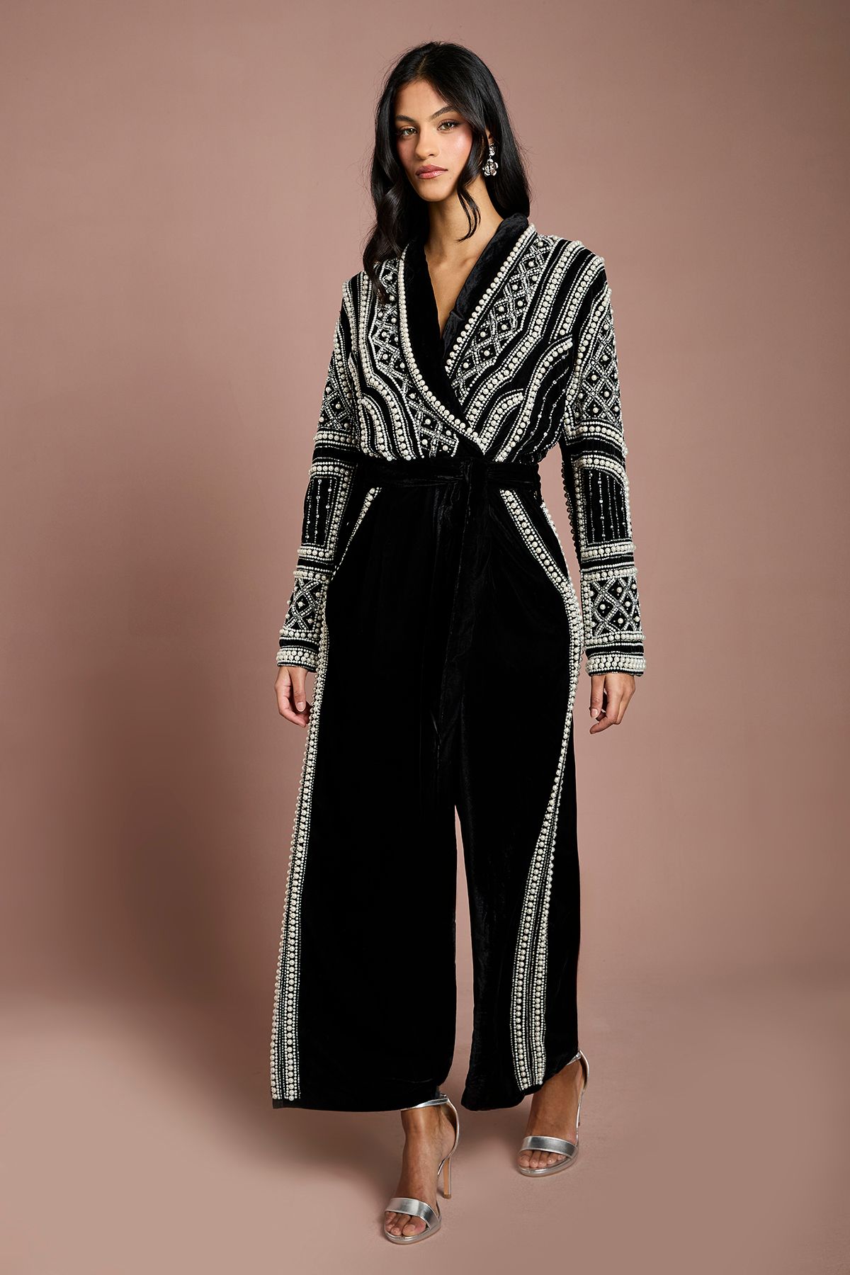 Coast Petite Beaded Velvet Wrap Jumpsuit Black image 1