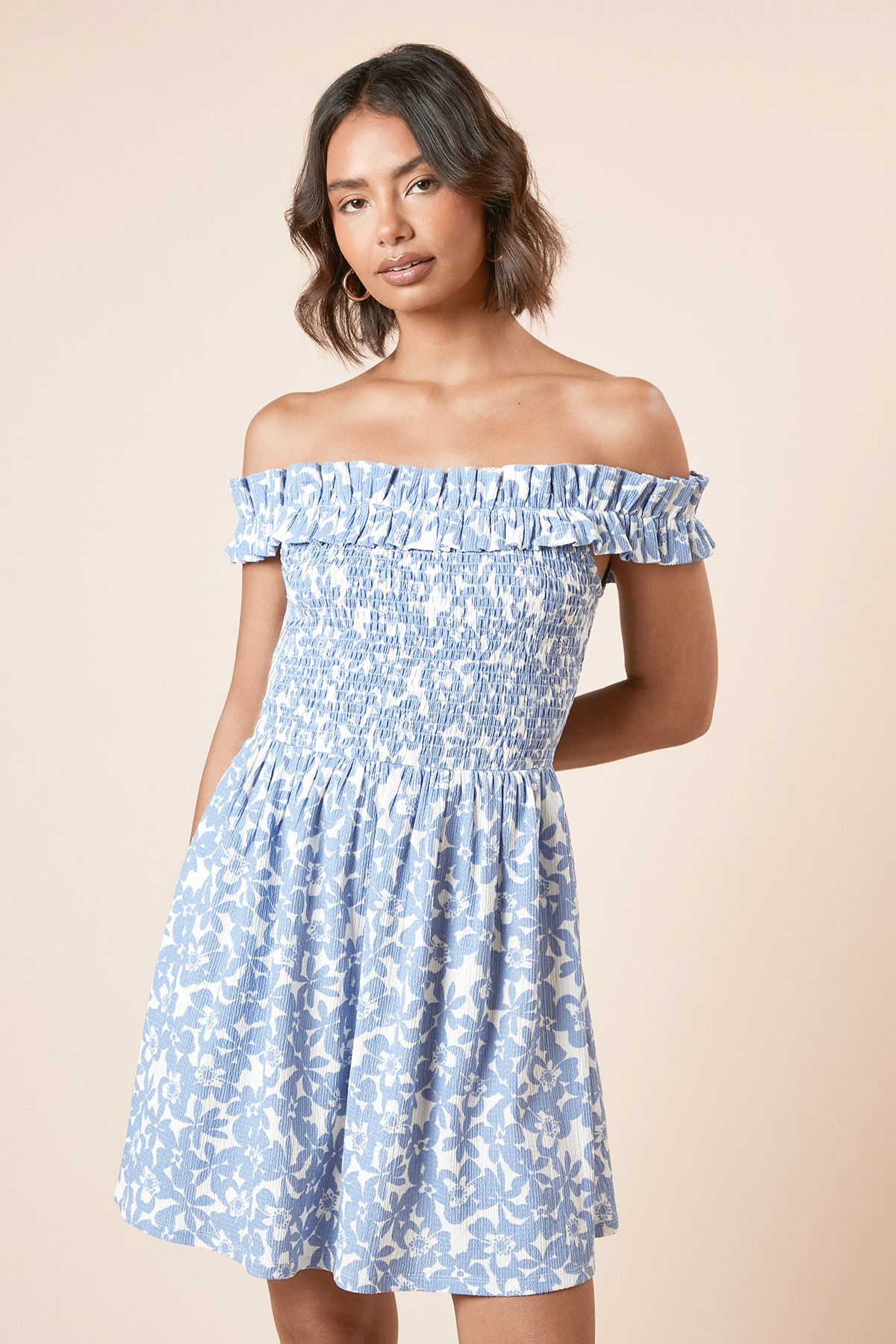 Dorothy Perkins Blue Floral Shirred Bodice Bardot Jersey Mini Dress Floral image 2