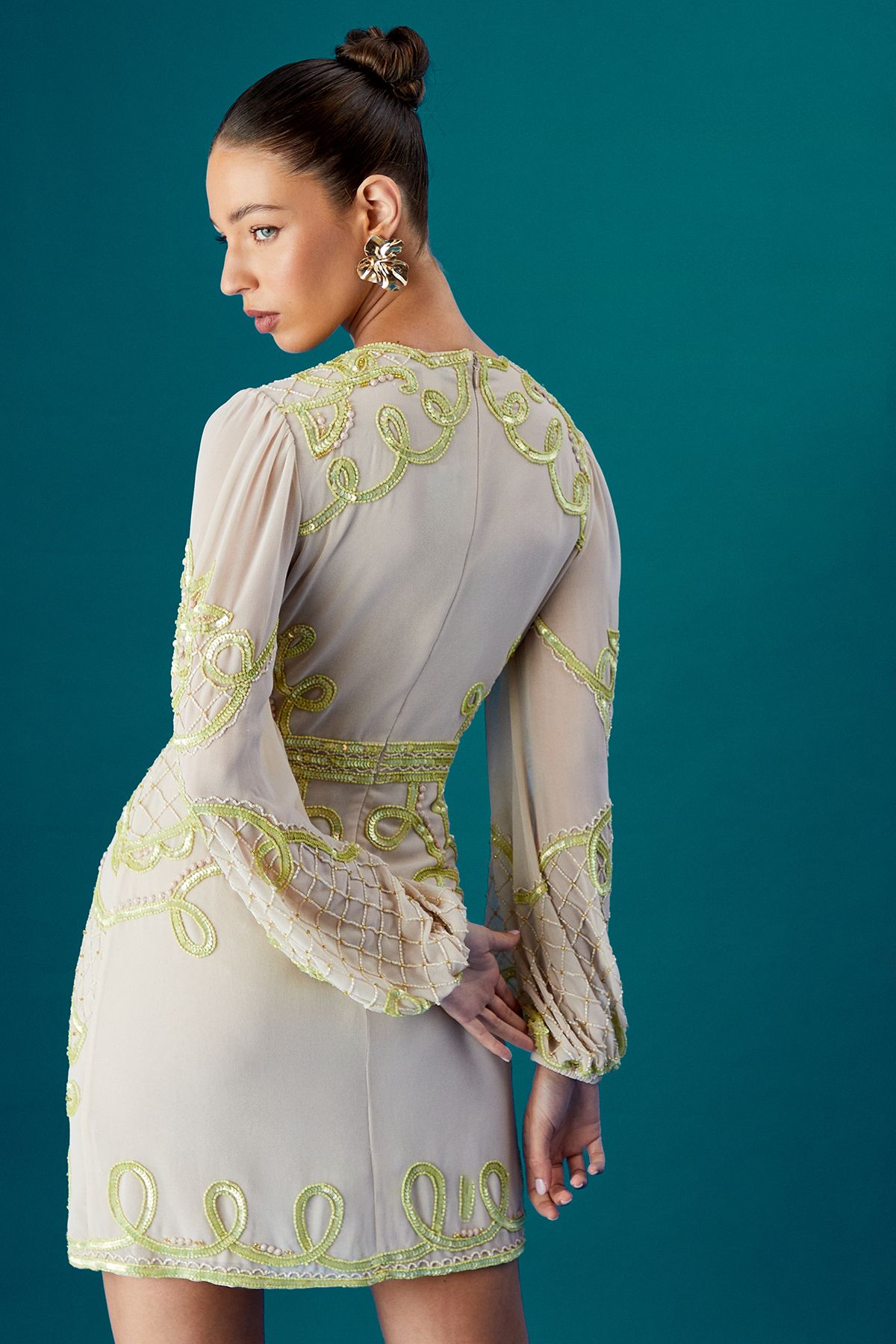 Coast Coast Muse Chiffon Embellished Mini Dress With Blouson Sleeves Natural image 3