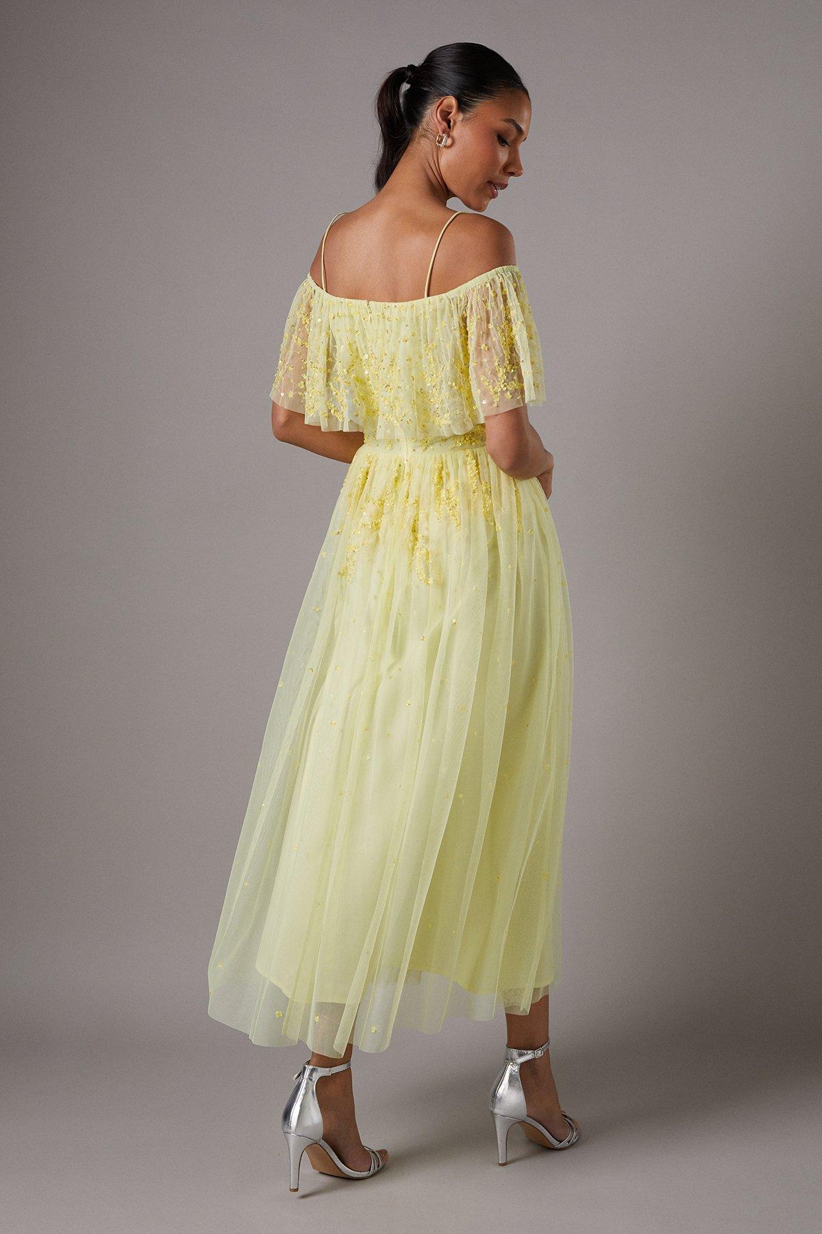 Coast Sequin Mesh Midi Dress With Flutter Sleeves Lemon image 3