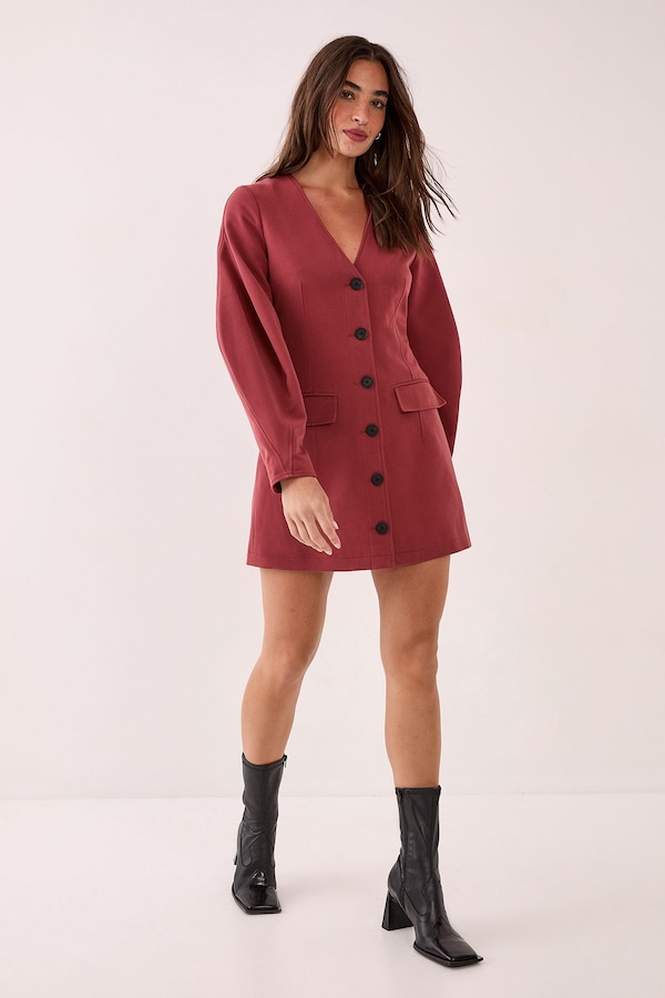NastyGal Tailored Cocoon Sleeve Button Through Mini Blazer Dress Tobacco