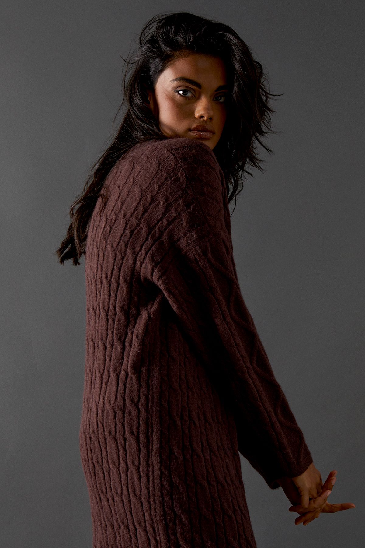 Warehouse Cosy Cable Knit V Neck Maxi Jumper Dress Chocolate image 4