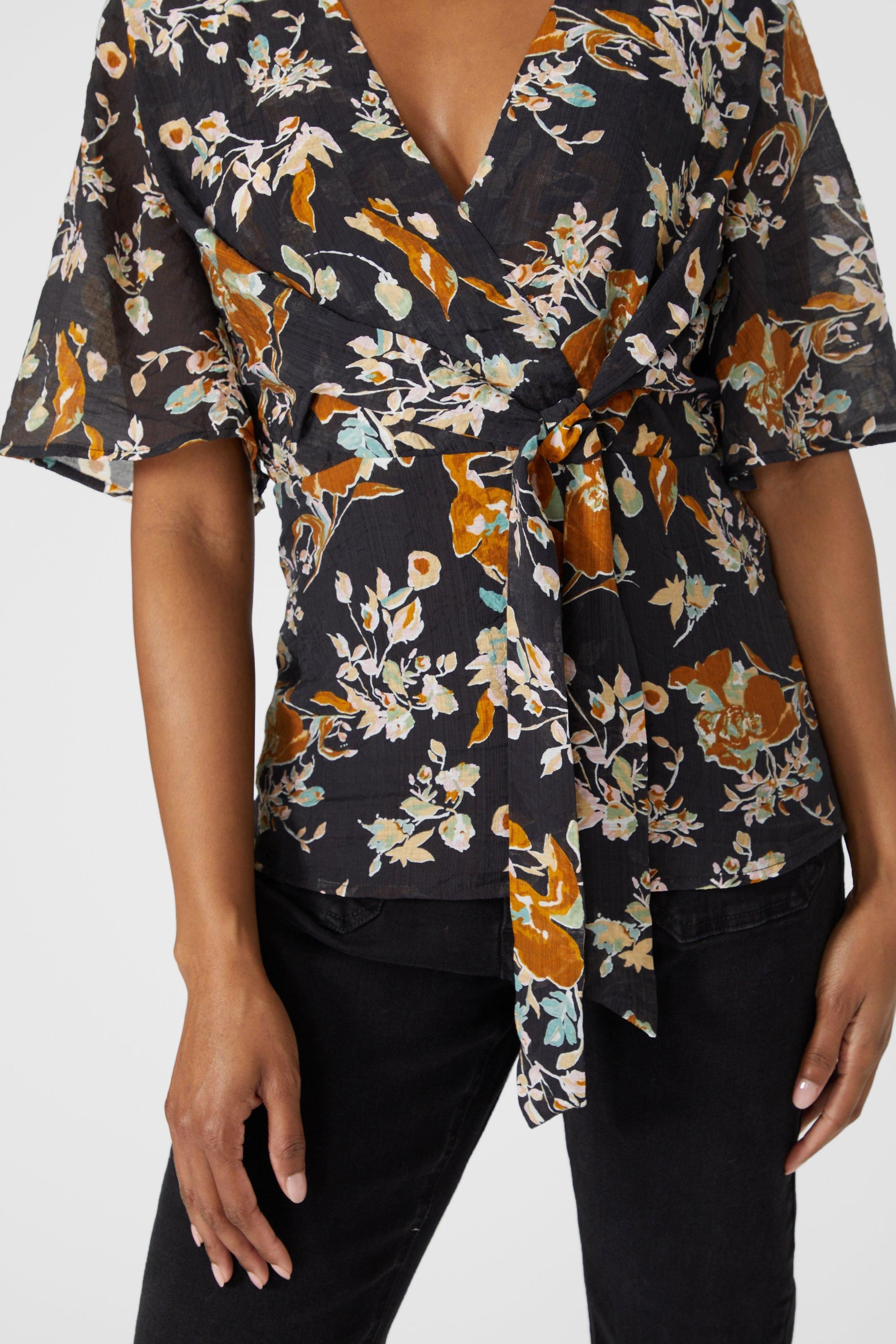 Principles Petite Floral Printed Tie Front Blouse Black image 3