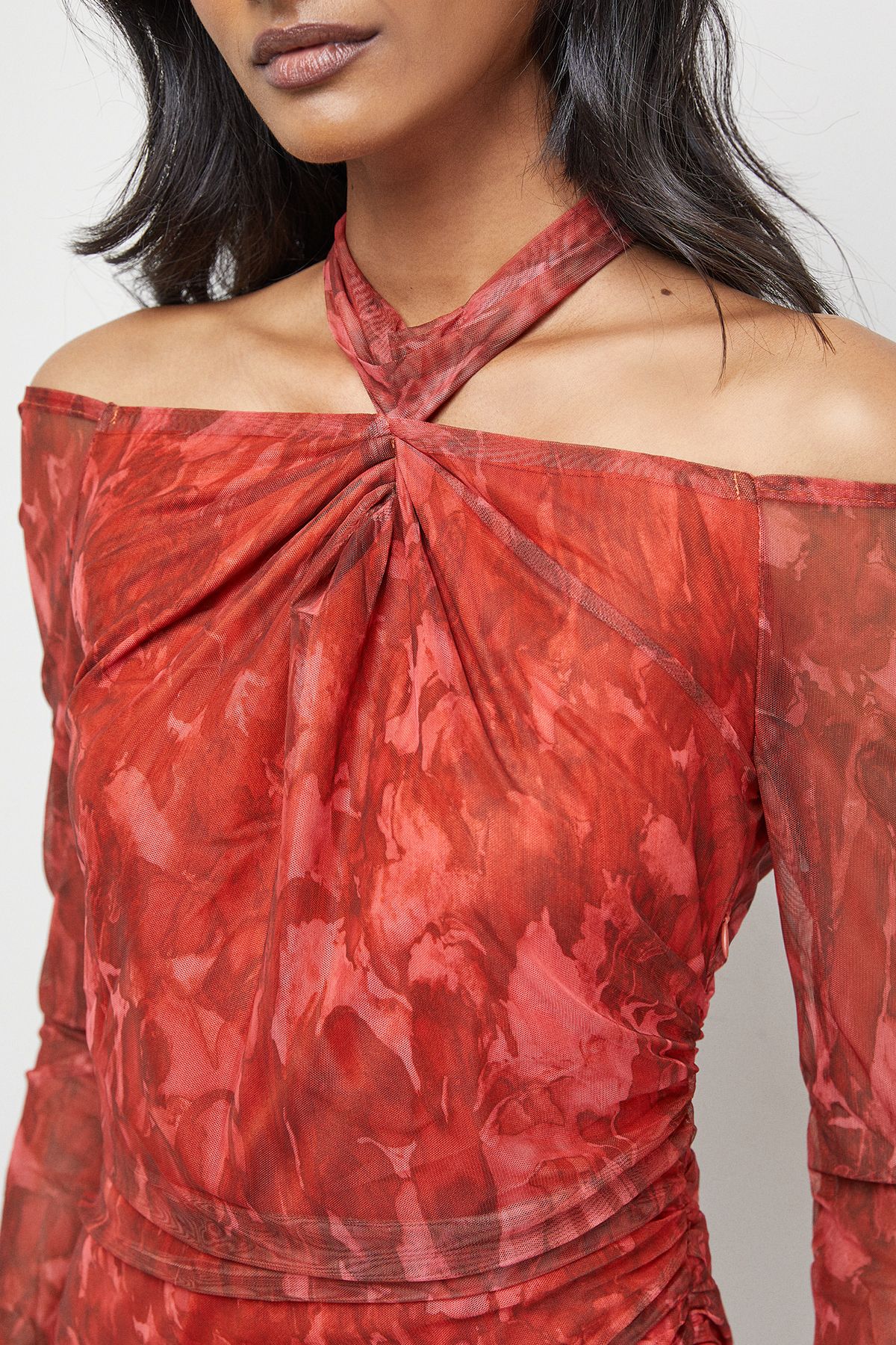 Warehouse Print Twist Mesh Midi Dress Red image 5