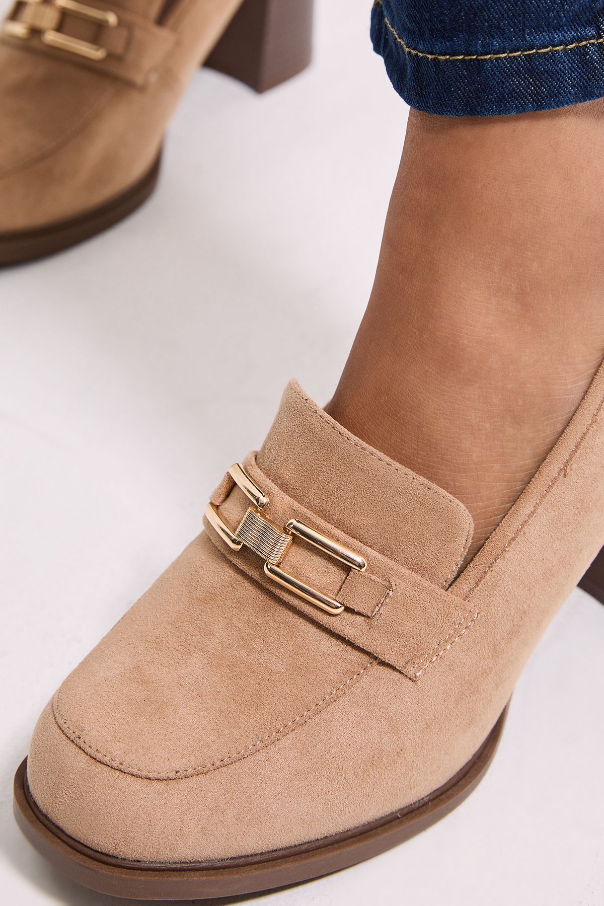 Dorothy Perkins Wide Fit Benita Faux Suede Snaffle Detail High Block Heeled Loafers Beige image 4