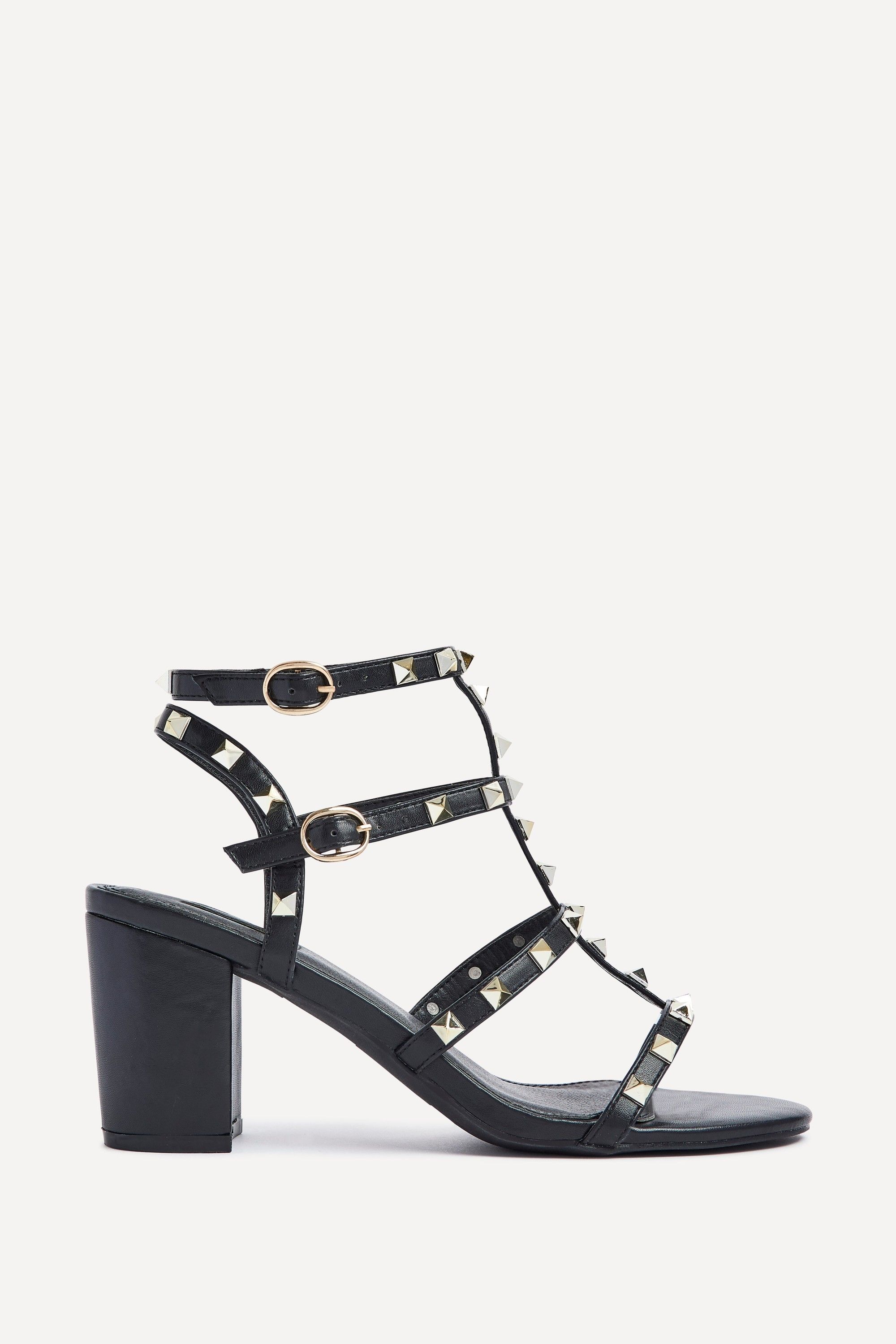 Linzi Tessa Black & Gold Studded Block Heel Sandals