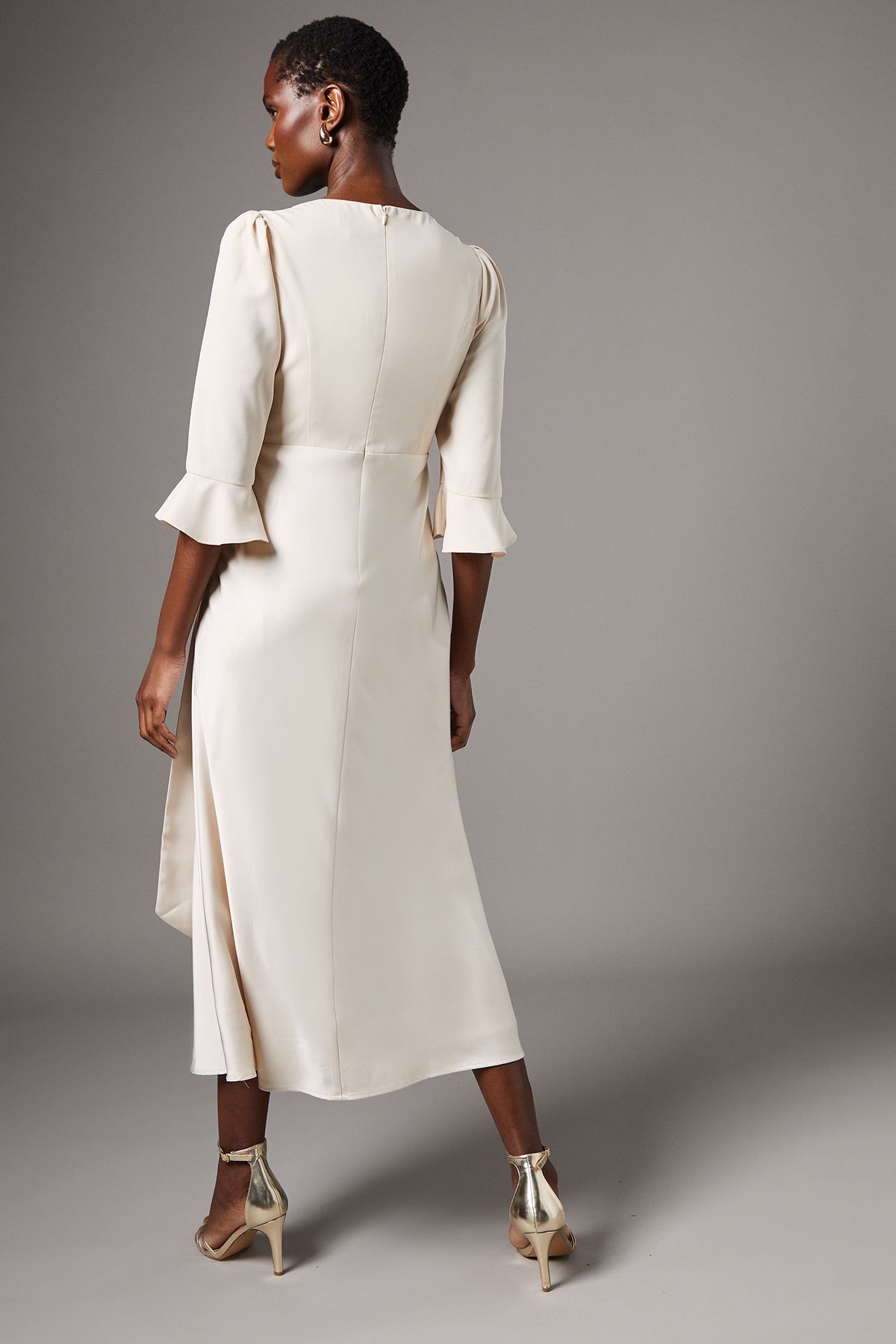 Coast Ruffle Sleeve Satin Back Crepe Wrap Dress Champagne image 3