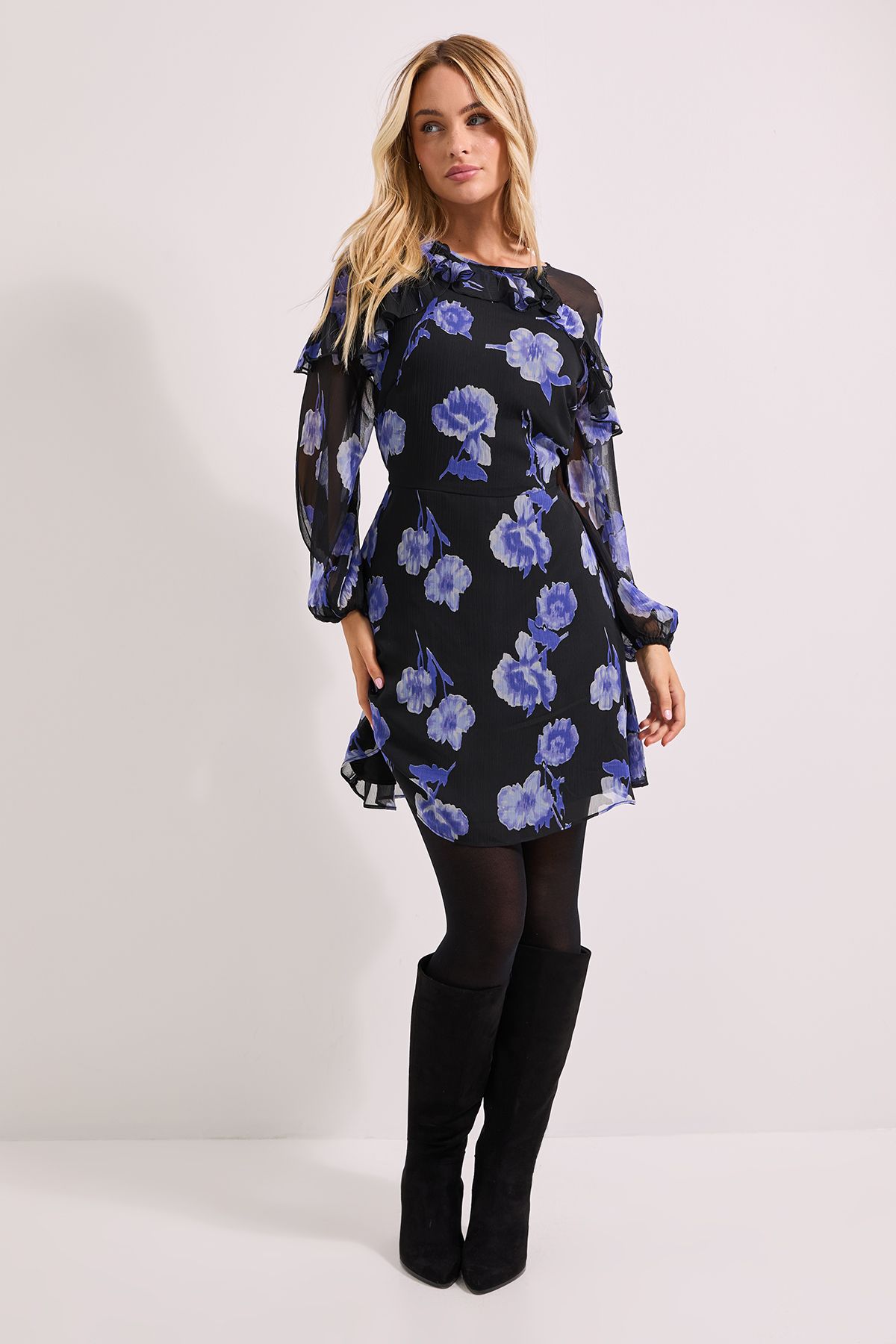 Dorothy Perkins Blue Floral Frill Detail Blouson Sleeve Mini Dress Blue image 2