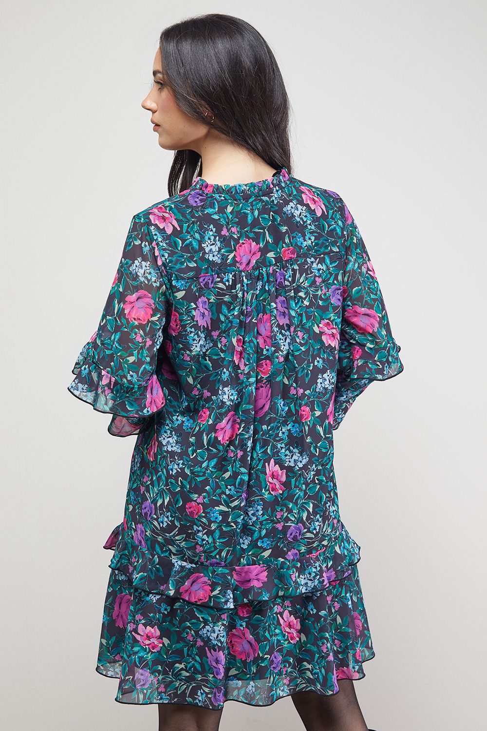 Oasis Printed Boho Ruffle Button Down Mini Dress Black image 3