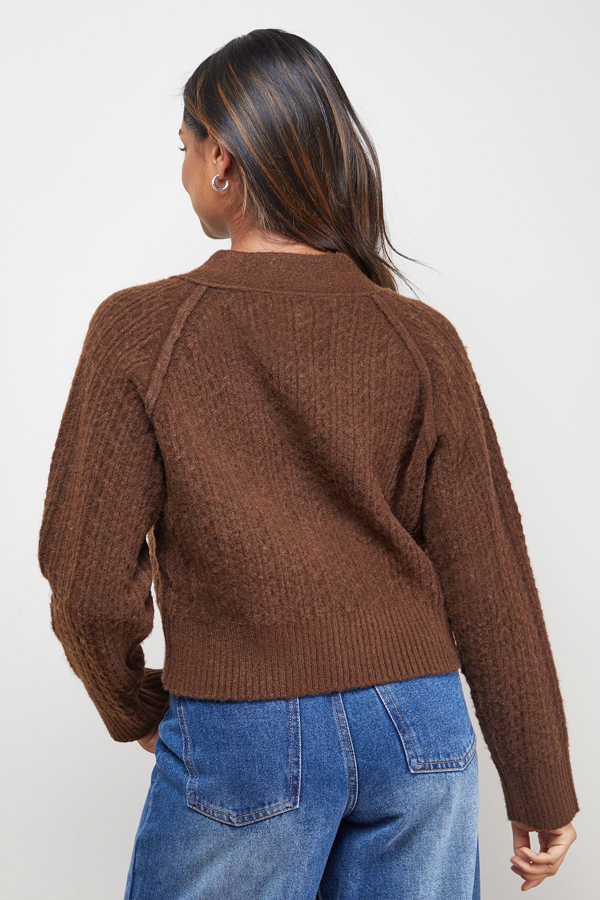Oasis Stitchy V Neck Cardigan Chocolate image 3