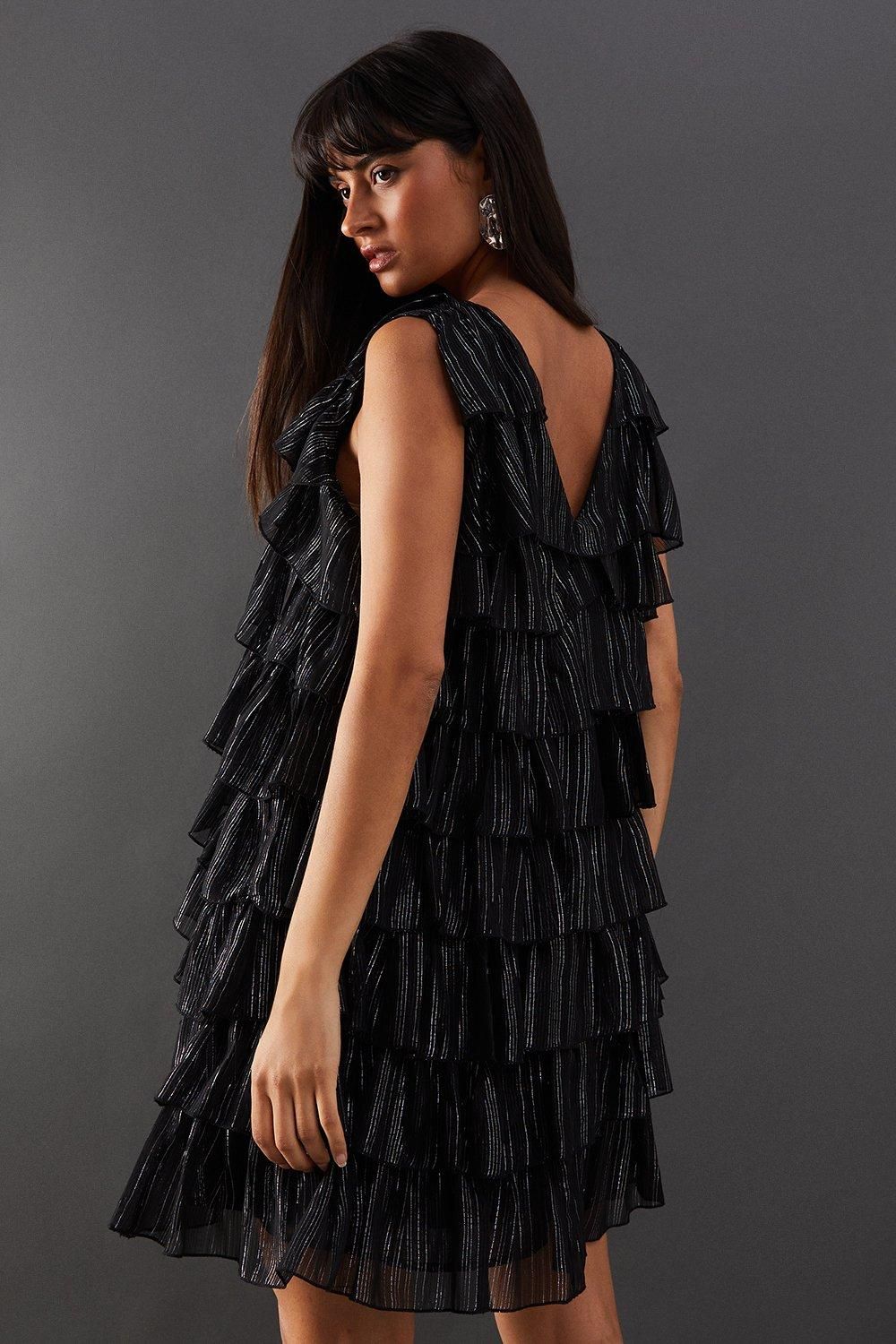 Warehouse Metallic Stripe Multi Frill V Neck Mini Dress Black image 3