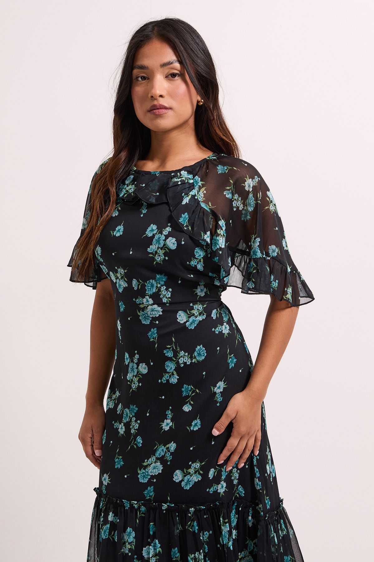 Dorothy Perkins Petite Green Floral Frill Cape Sleeve Tiered Printed Chiffon Midi Dress Green image 2