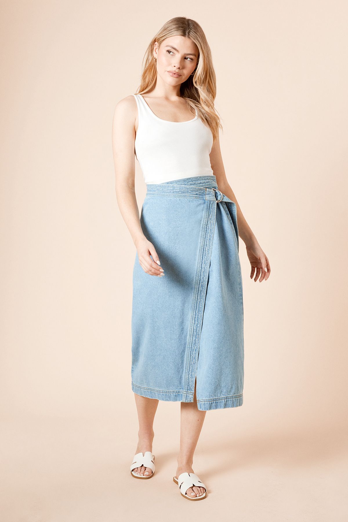 Dorothy Perkins Wrap Front Denim Midi Skirt Light Wash