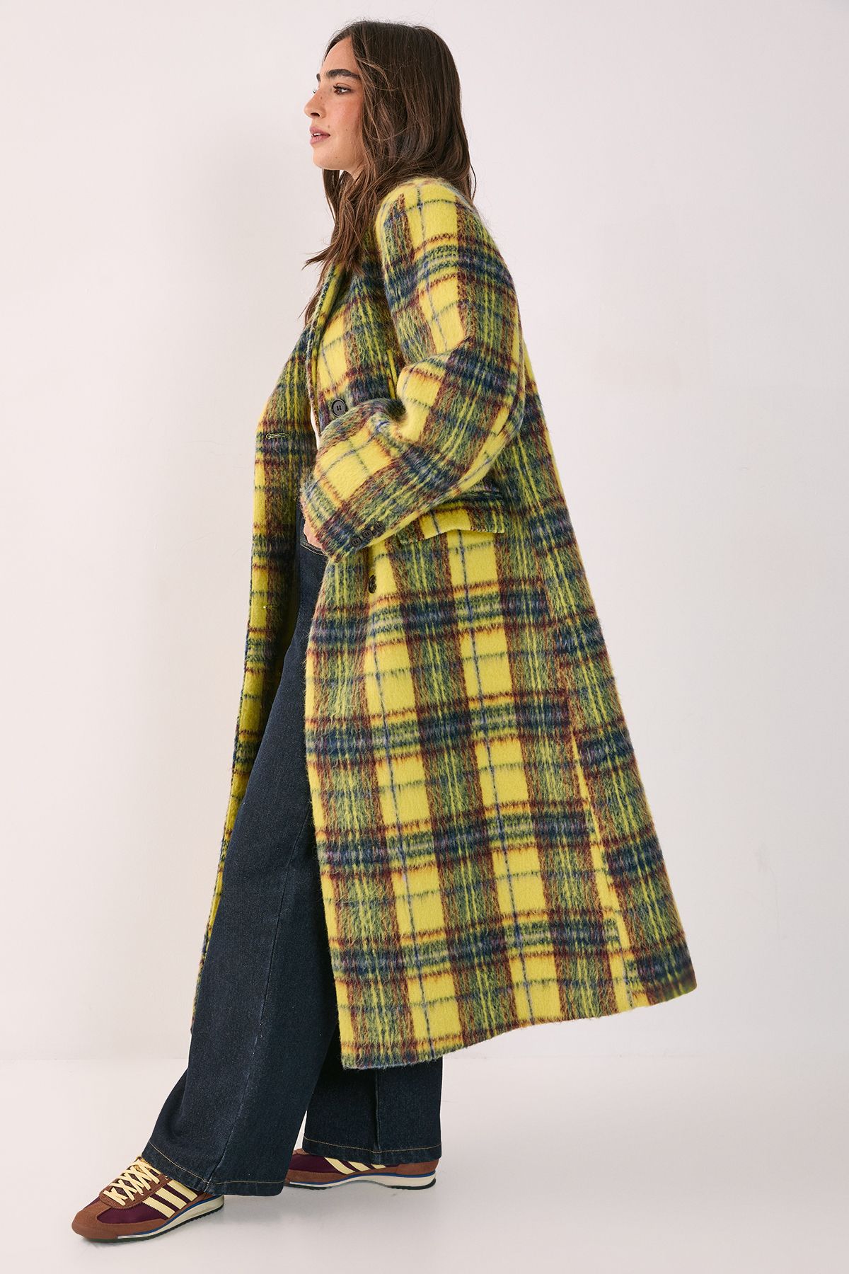 NastyGal Checked Brushed Maxi Coat Yellow image 2
