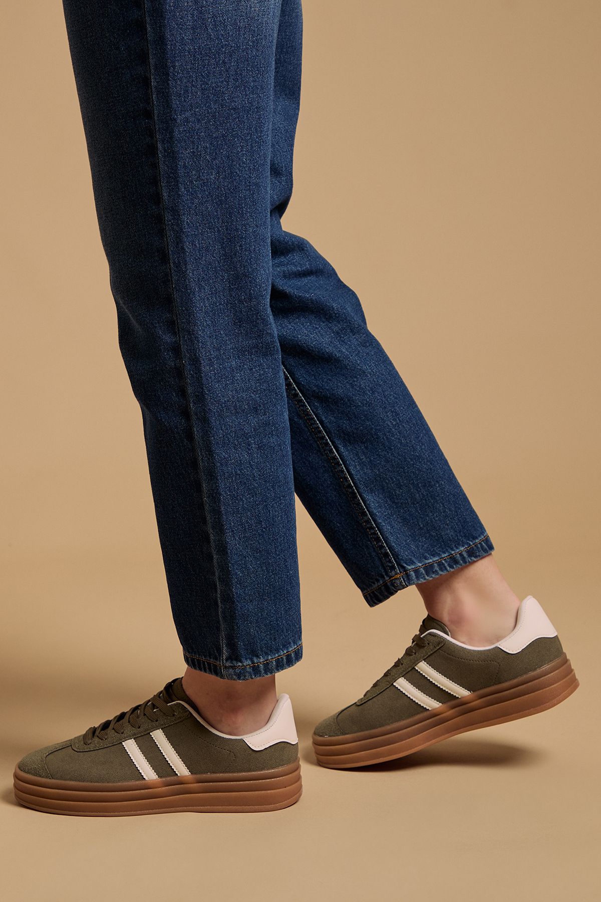 Oasis Issie Faux Suede Lace Up Platform Trainers Khaki image 1