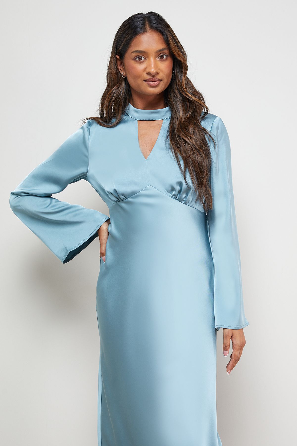 Oasis Satin Cut Out Flare Sleeve Bias Midi Dress Powder Blue image 2