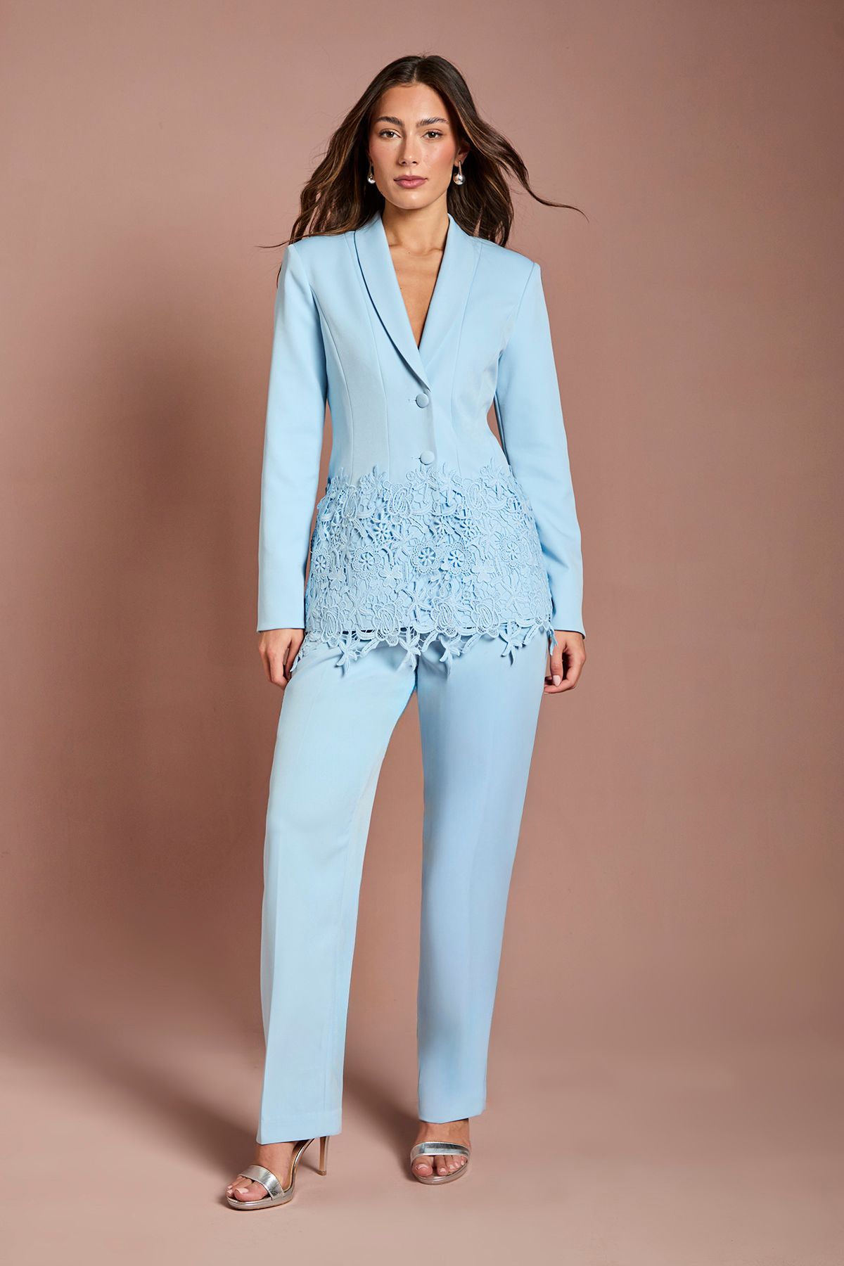 Coast Single Breasted Lace Trim Fitted Blazer Light Blue image 2