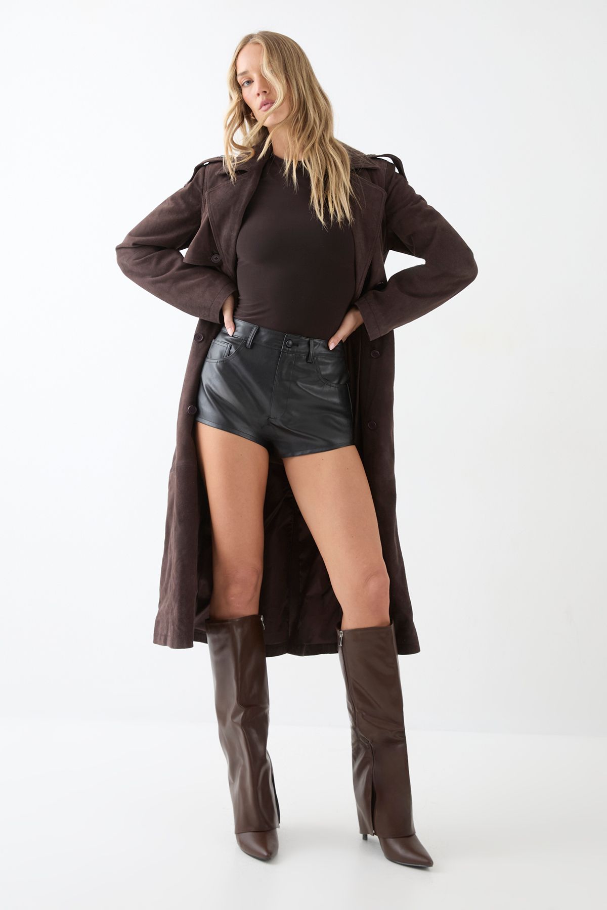 MissPap Faux Leather Foldover High Stiletto Knee High Boots Chocolate image 2