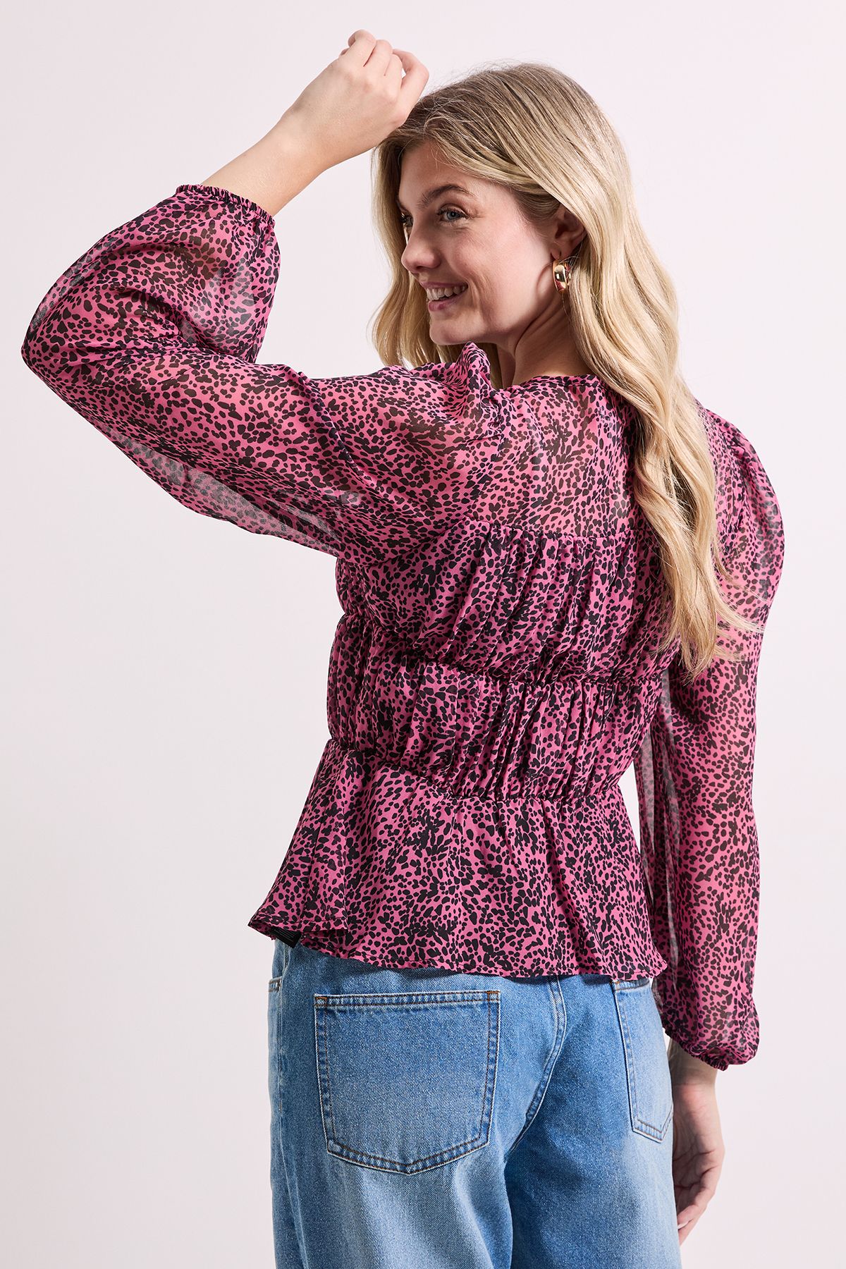 Dorothy Perkins Animal Sheer Yoke Printed Chiffon Shirred Top Animal image 4