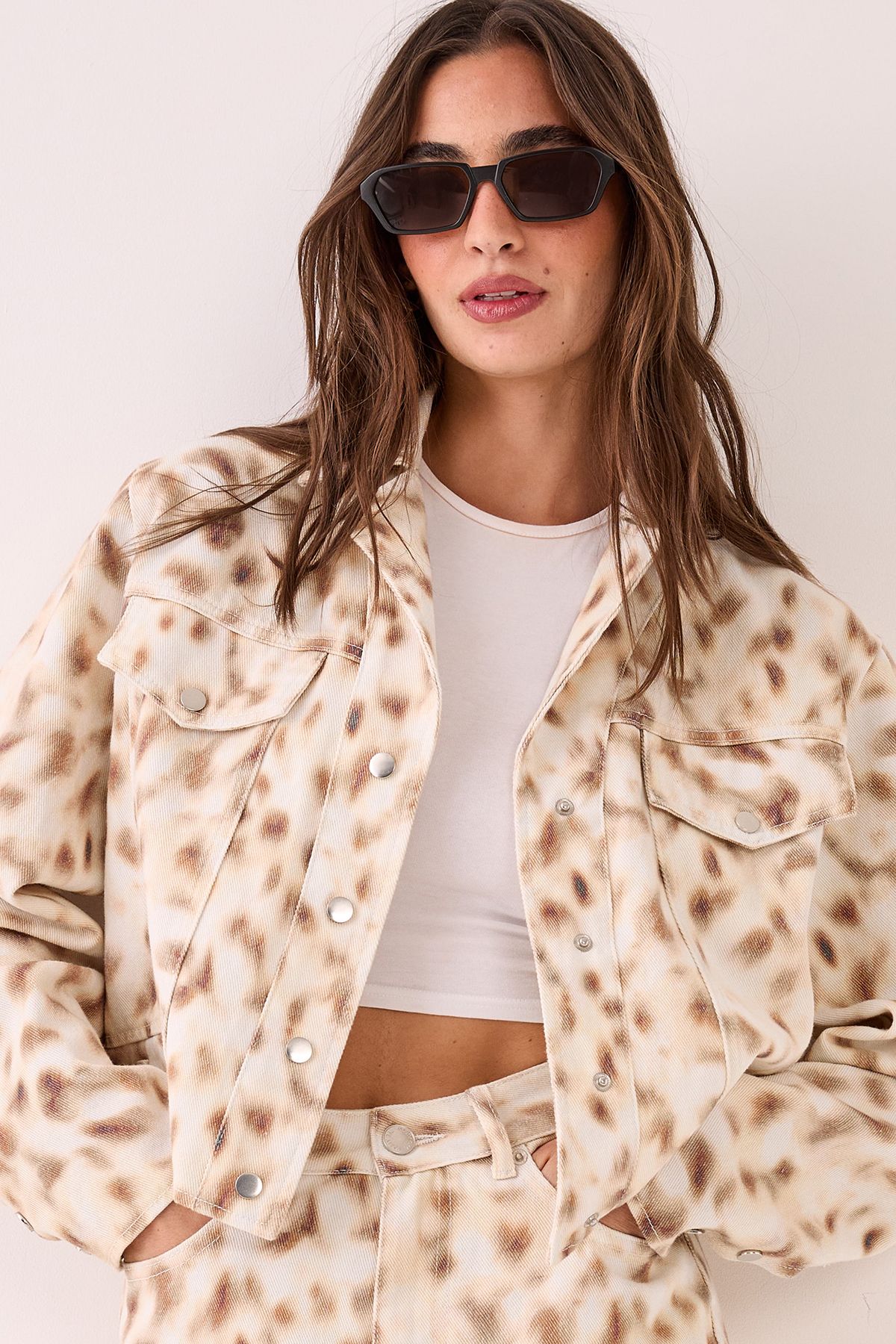 NastyGal Deer Print Ovoid Cropped Denim Jacket Cream image 5