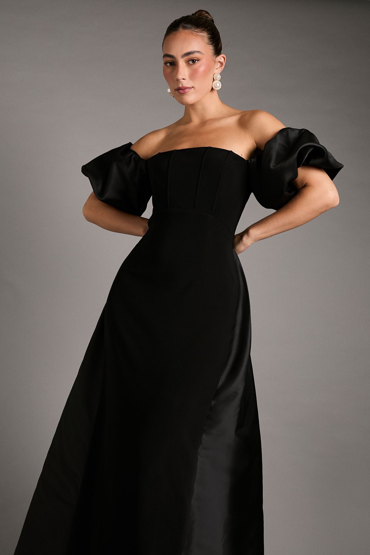 Coast Bardot Puff Sleeve Strapless Maxi Dress with Full Skirt Back Detail Black image 2
