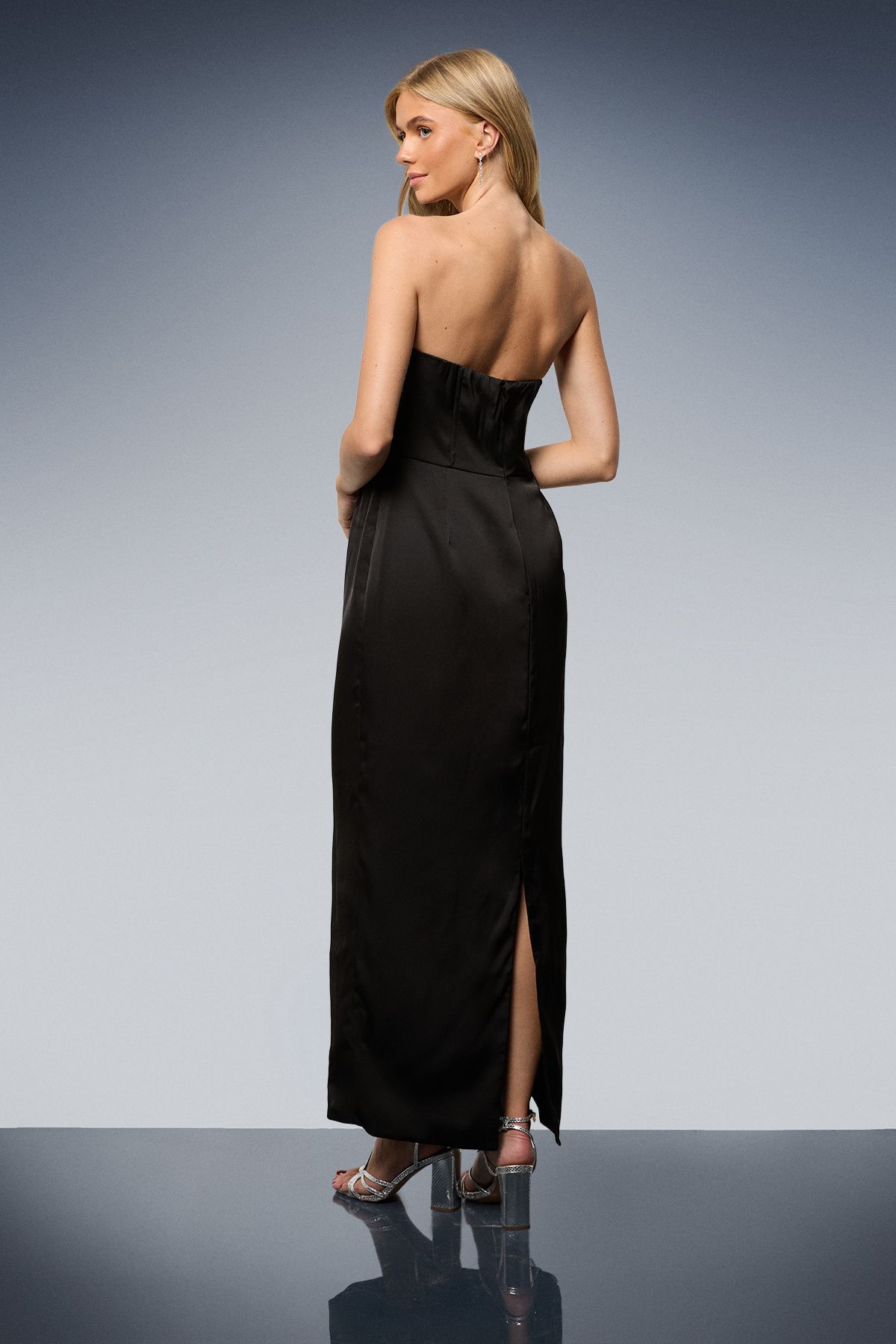 Oasis Satin Bow Front Bandeau Midi Dress Black image 3