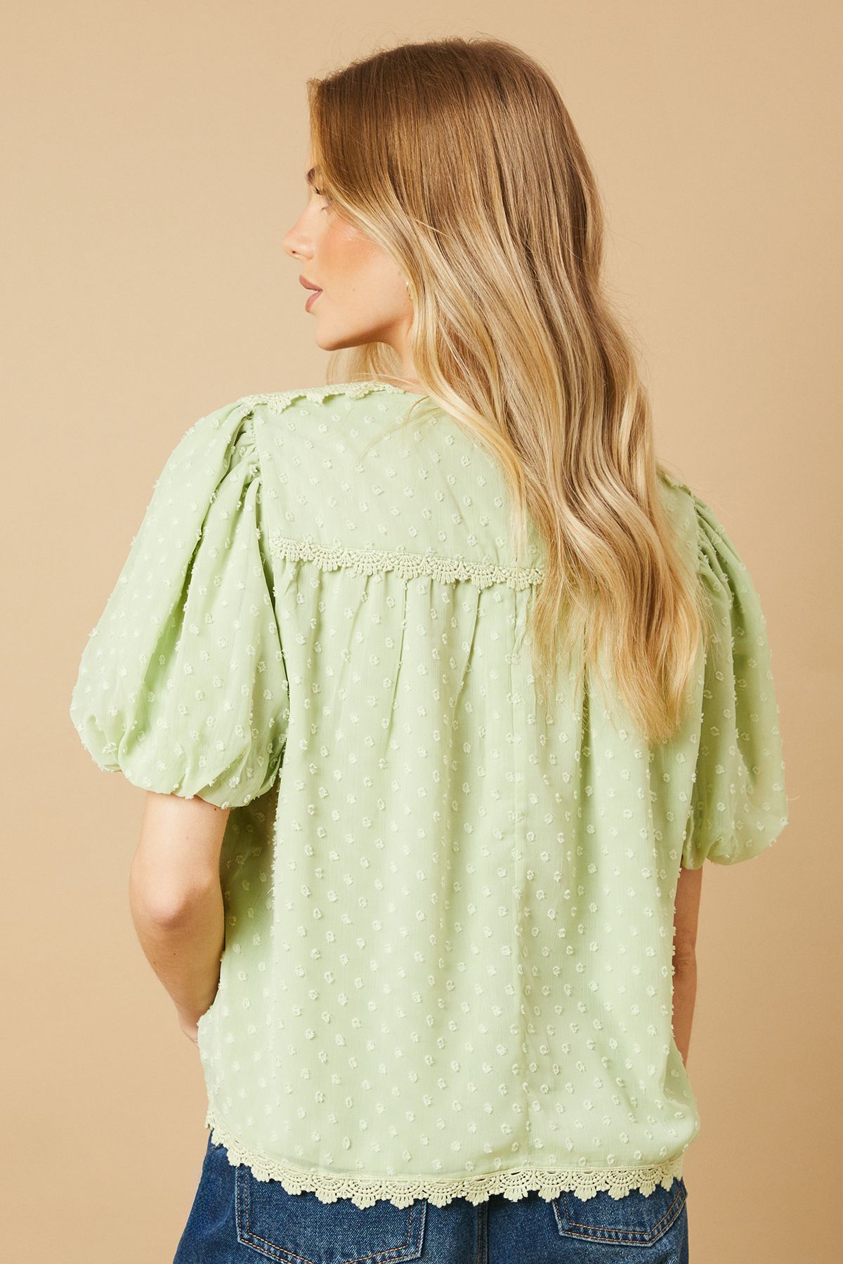 Oasis Lace Trim Puff Sleeve Blouse Green image 4