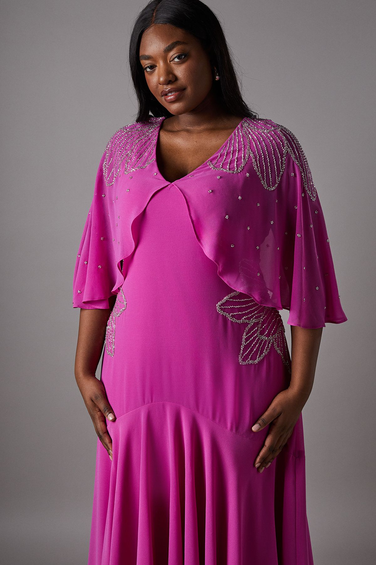 Coast Plus Embellished Midi Dress With Cape Sleeves Pink image 3