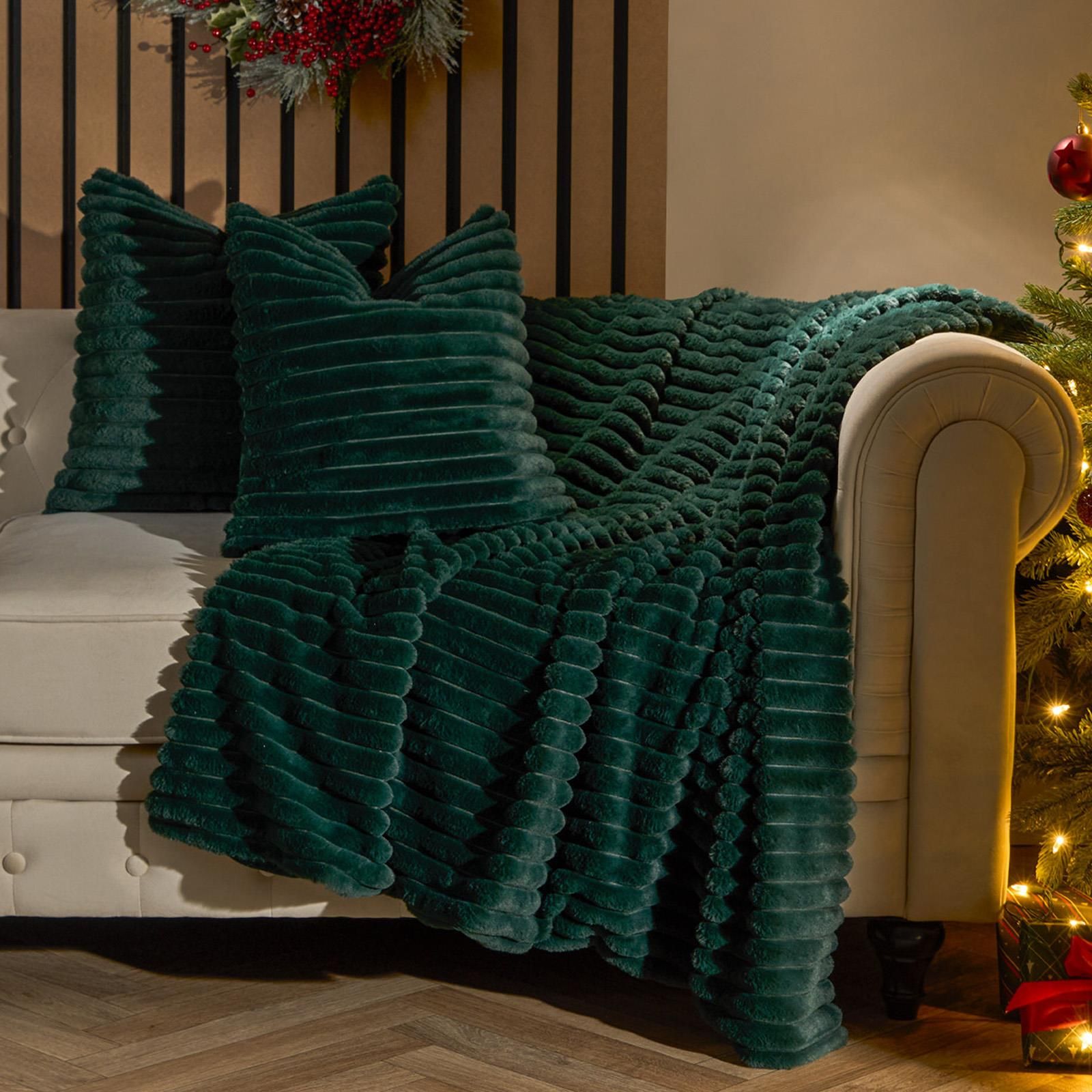 OHS Faux Fur Ribbed Fleece Throw Over Bed Blanket Winter Warm Supersoft image 2