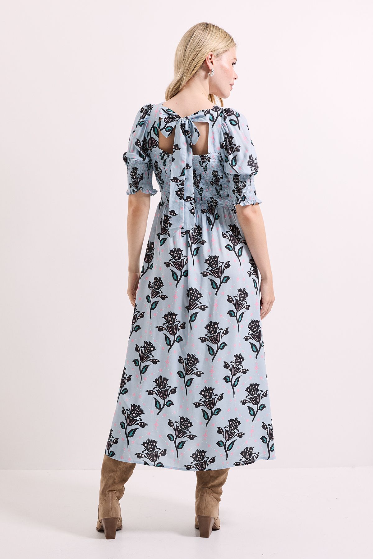 Dorothy Perkins Blue Floral Shirred Bodice Puff Sleeve Square Neck Midi Dress Blue image 4