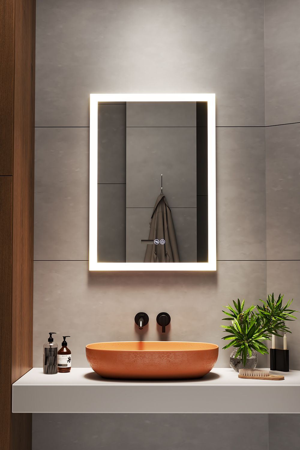 Living and Home Anti-Fog Aluminum LED Vanity Mirror with Clock with Double Vertical Stripe LED Strip image 1