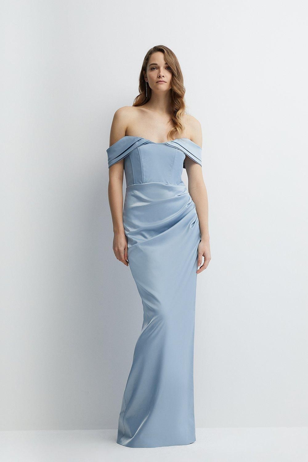 Coast Structured Satin Bardot Wrap Bridesmaids Maxi Dress Pale Blue