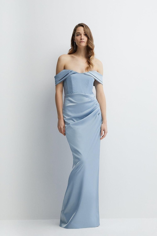 Coast Structured Satin Bardot Wrap Bridesmaids Maxi Dress Pale Blue