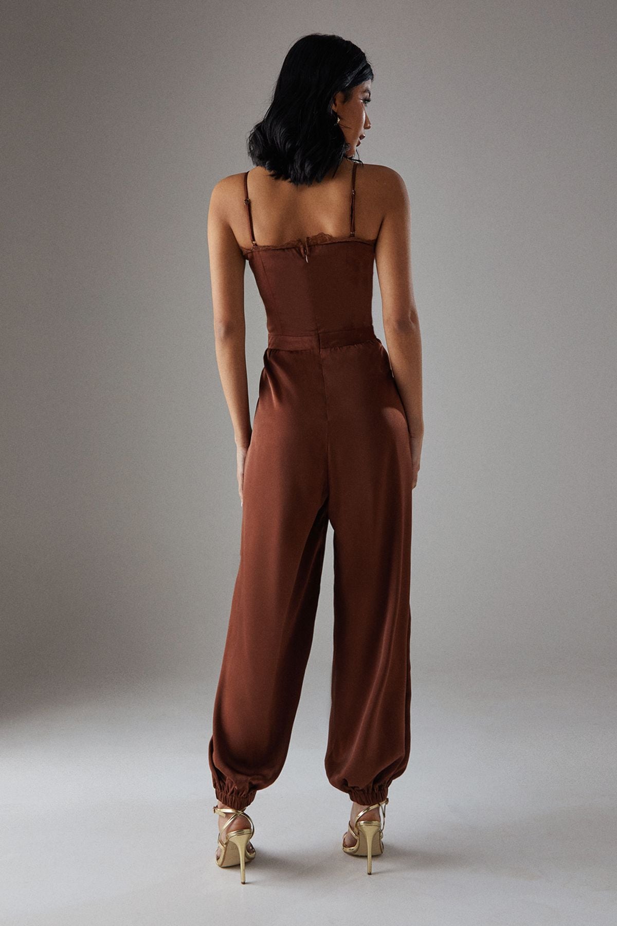 Warehouse Satin Lace Trim Elasticated Cuff Strappy Jumpsuit Chocolate image 3